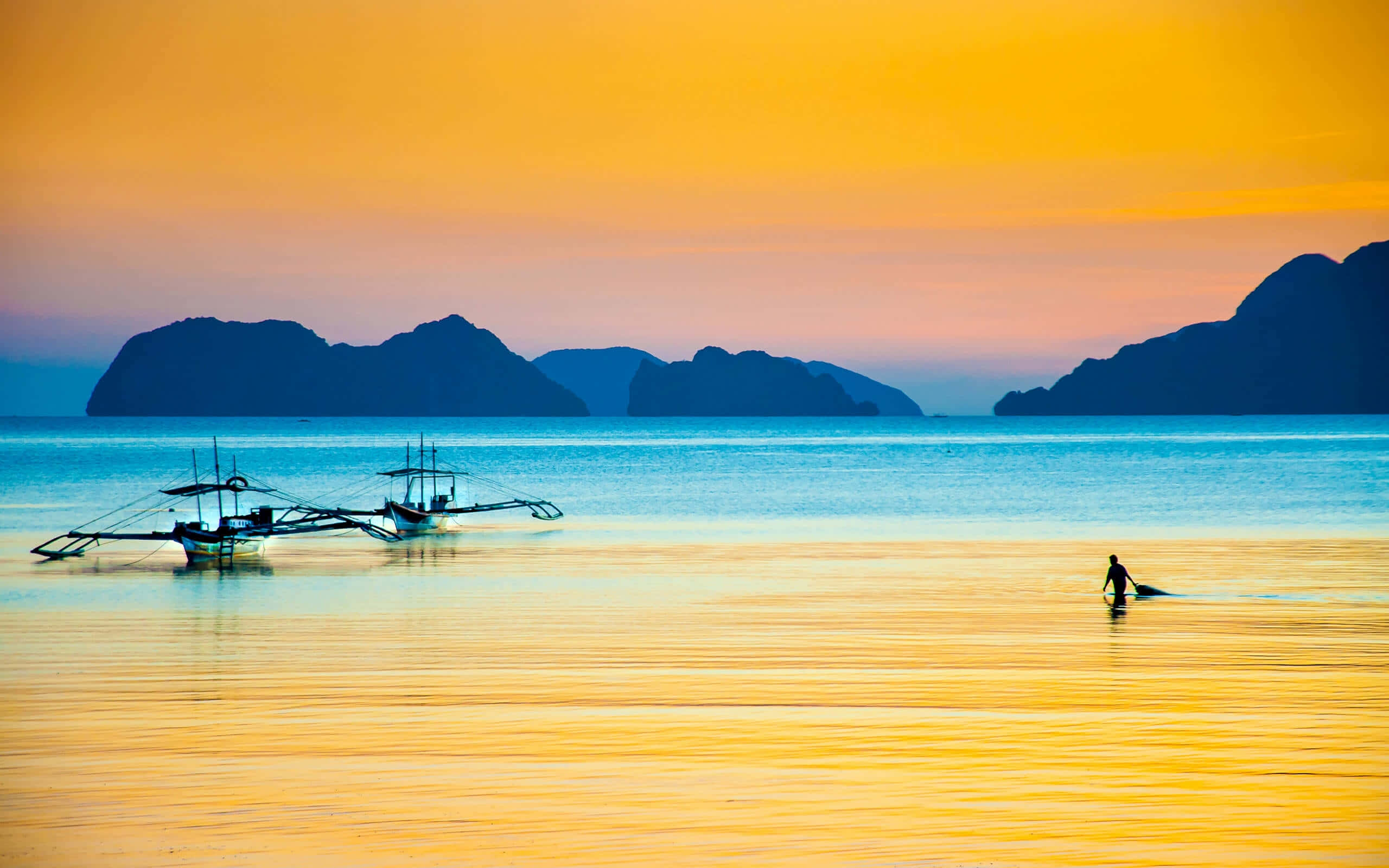 Tropical Sunset Fishing Boats Silhouette, golden water, sunrise, 2K Desktop Wallpaper