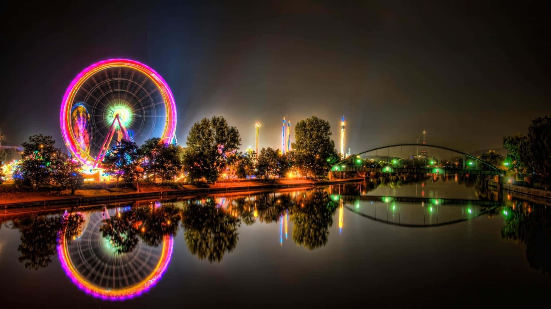 Nighttime Ferris Wheel, neon-lit Ferris wheel, calm river, Full HD Desktop Wallpaper