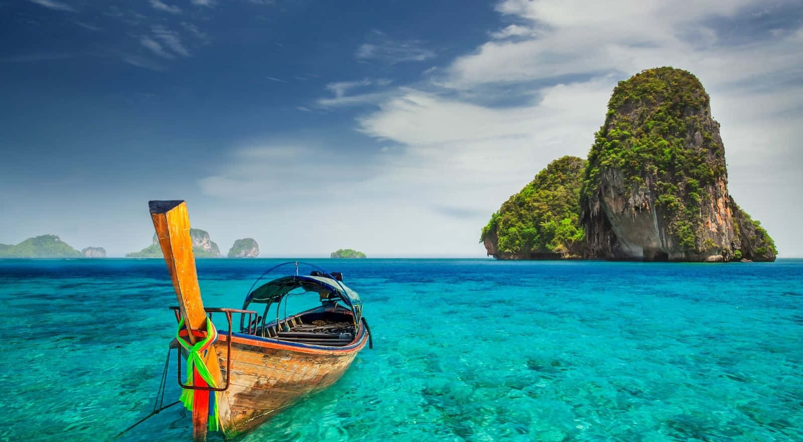 longtail boat, turquoise waters, karst island, HD Desktop Wallpaper