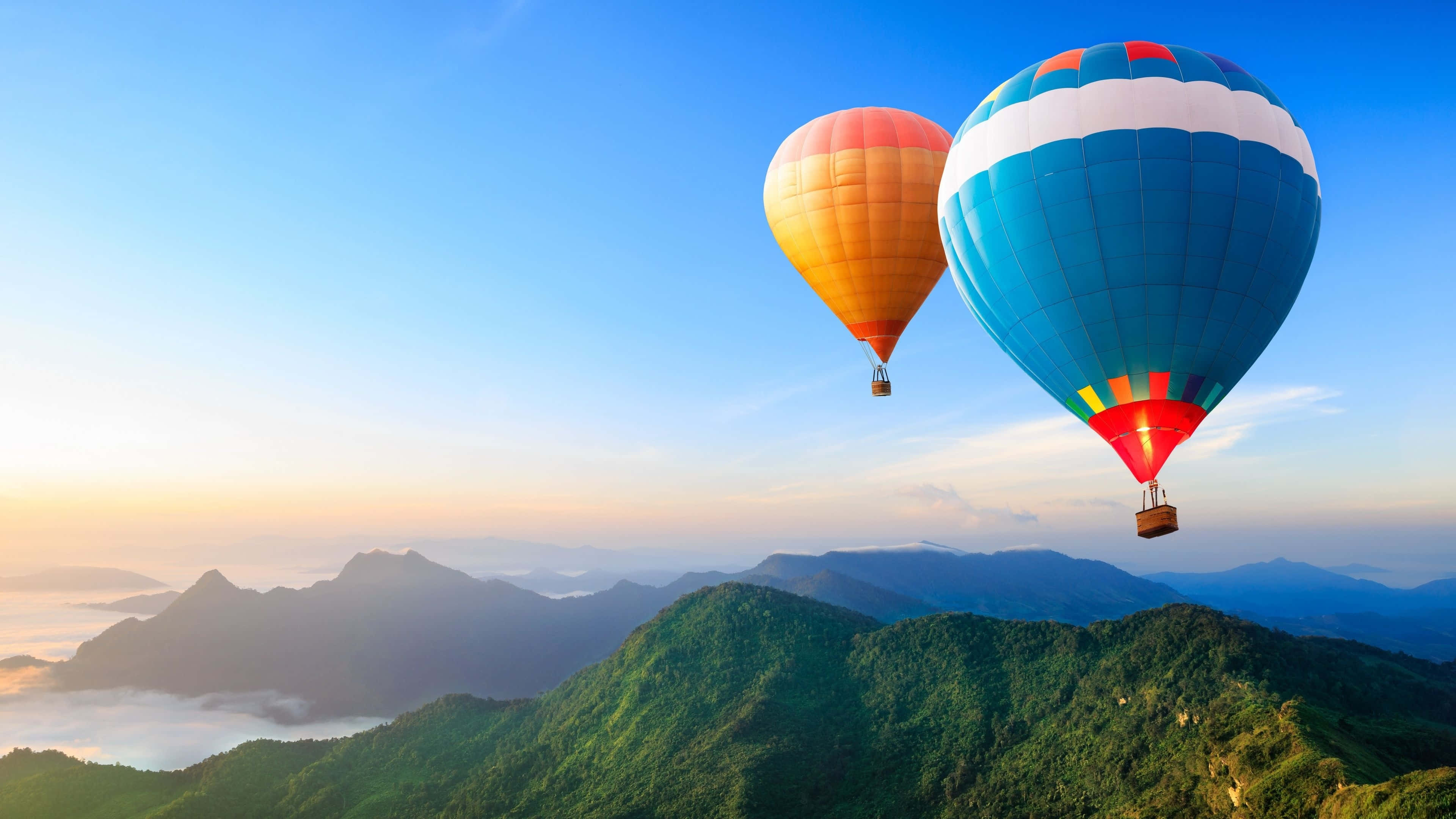 hot air balloons, mountain range, sunrise, 4K Desktop Wallpaper
