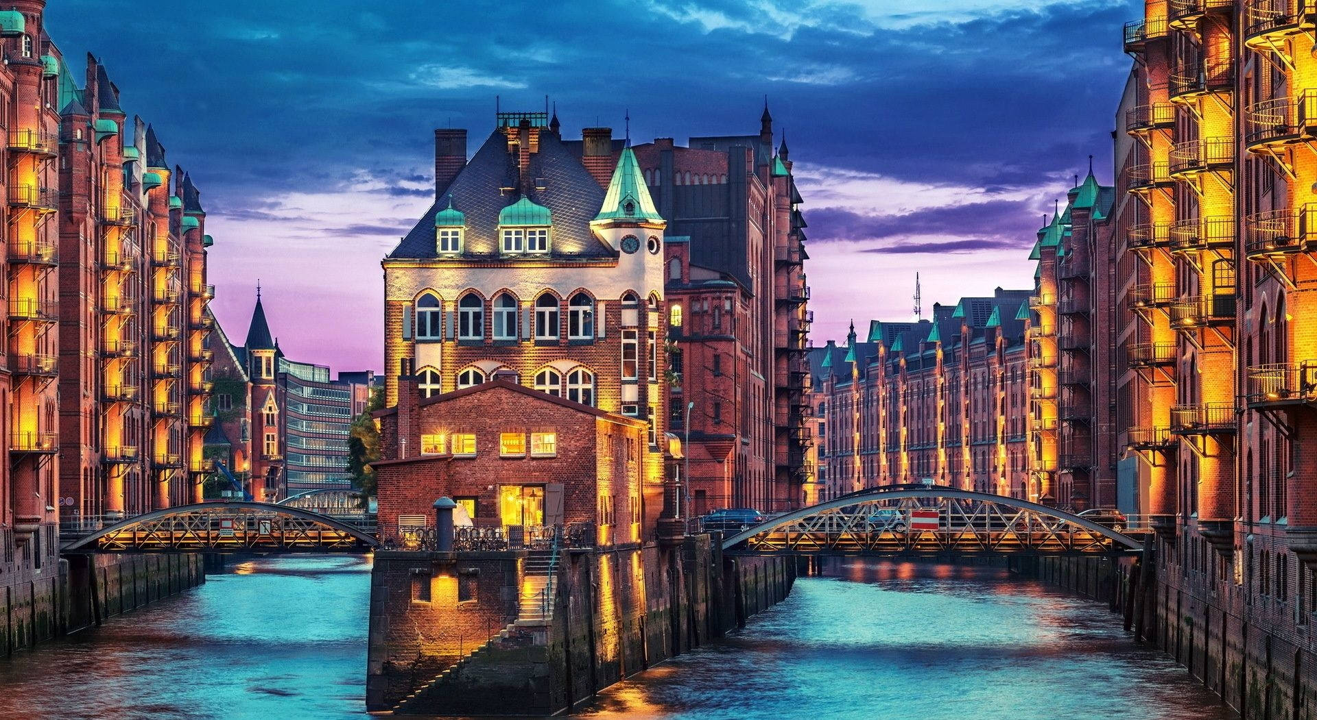 twilight, canal scene, historic brick warehouses, Full HD Desktop Wallpaper