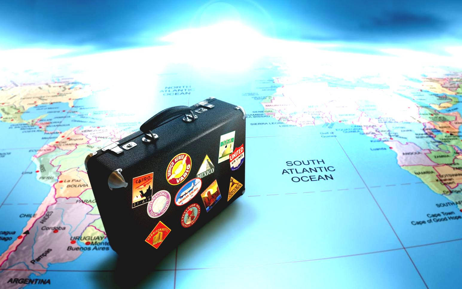 vintage black suitcase, colorful travel stickers, world map, HD Desktop Wallpaper