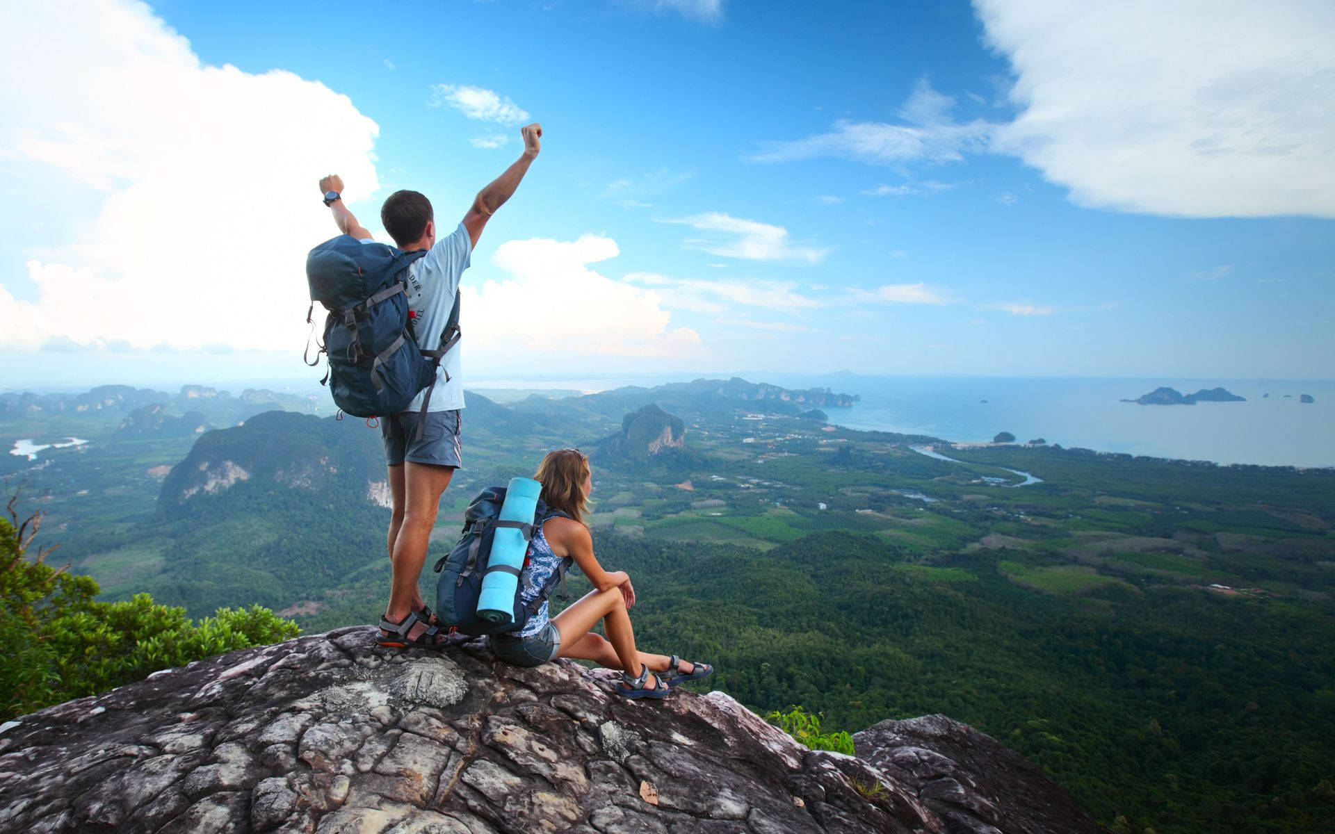 hikers, rocky cliff, lush green valley, Full HD Desktop Wallpaper