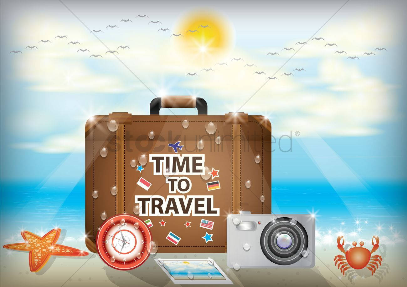 TIME TO TRAVEL, vintage suitcase, sunny beach, HD Desktop Wallpaper