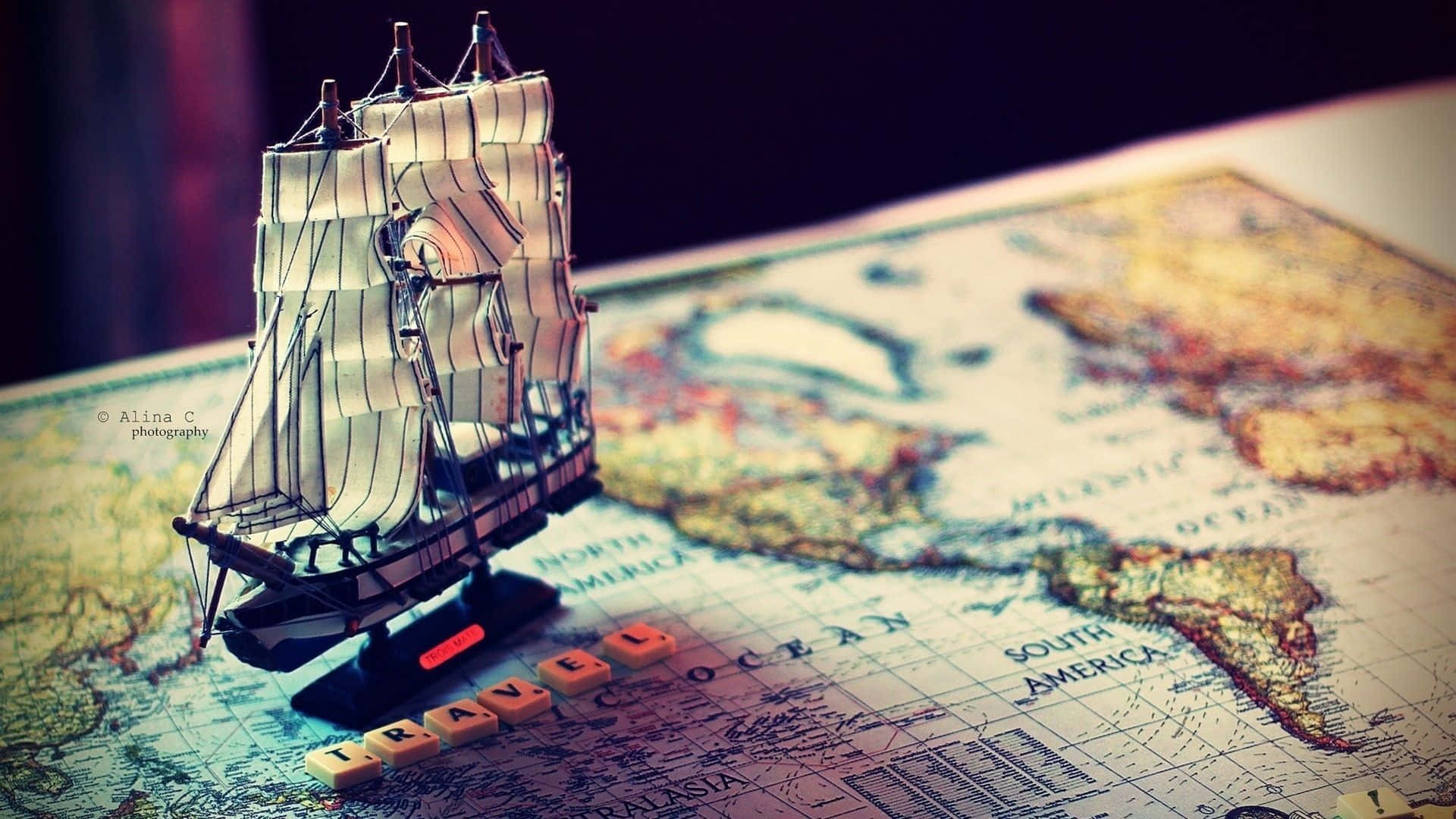 3D Travel, model ship, antique world map, Full HD Desktop Wallpaper