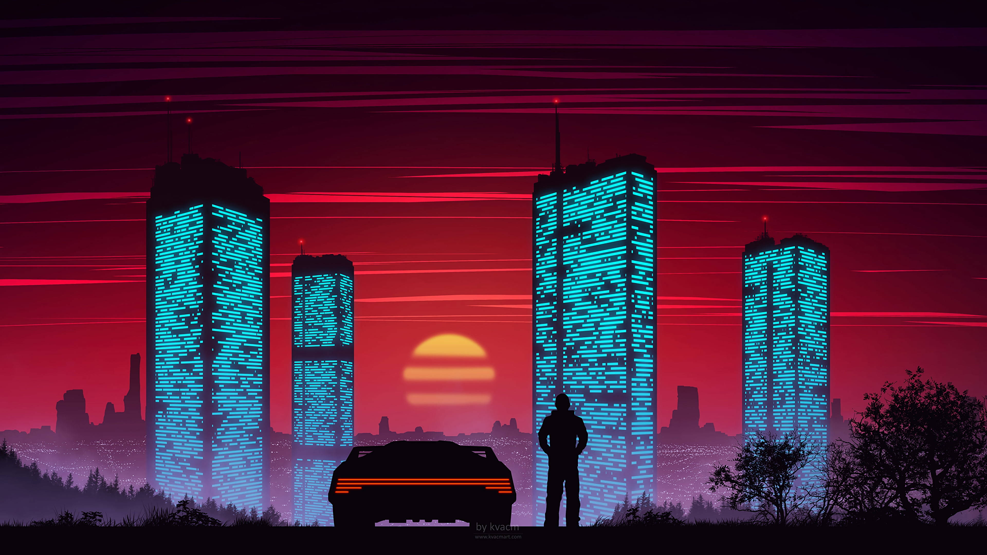 sports car, glowing blue skyscrapers, fiery red sunset sky, 4K Desktop Wallpaper