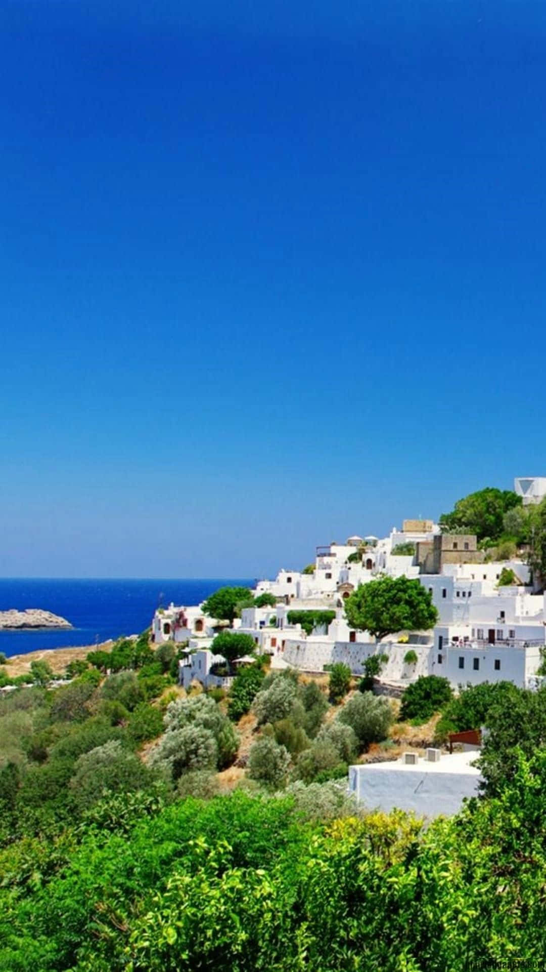white-washed houses, sunlit hillside, deep blue sea, Full HD Phone Wallpaper