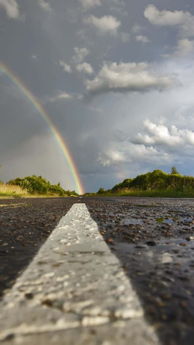 rainbow, wet asphalt road, white line, HD Phone Wallpaper