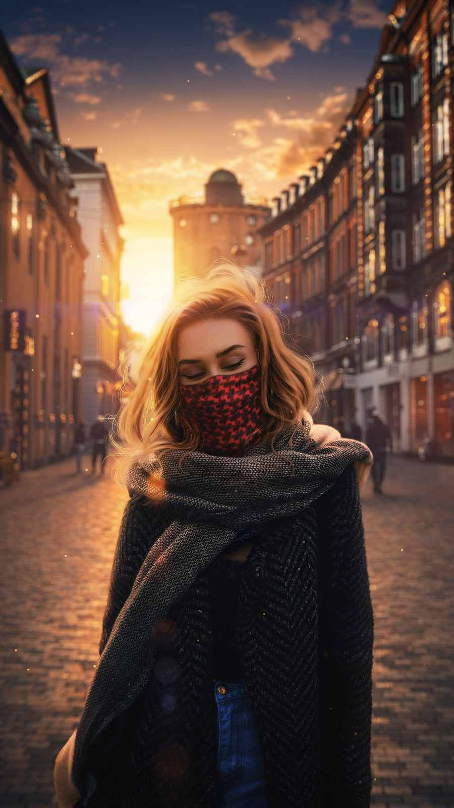 iPhone Travel Girl, bokeh angle shot, patterned face mask, HD Phone Wallpaper