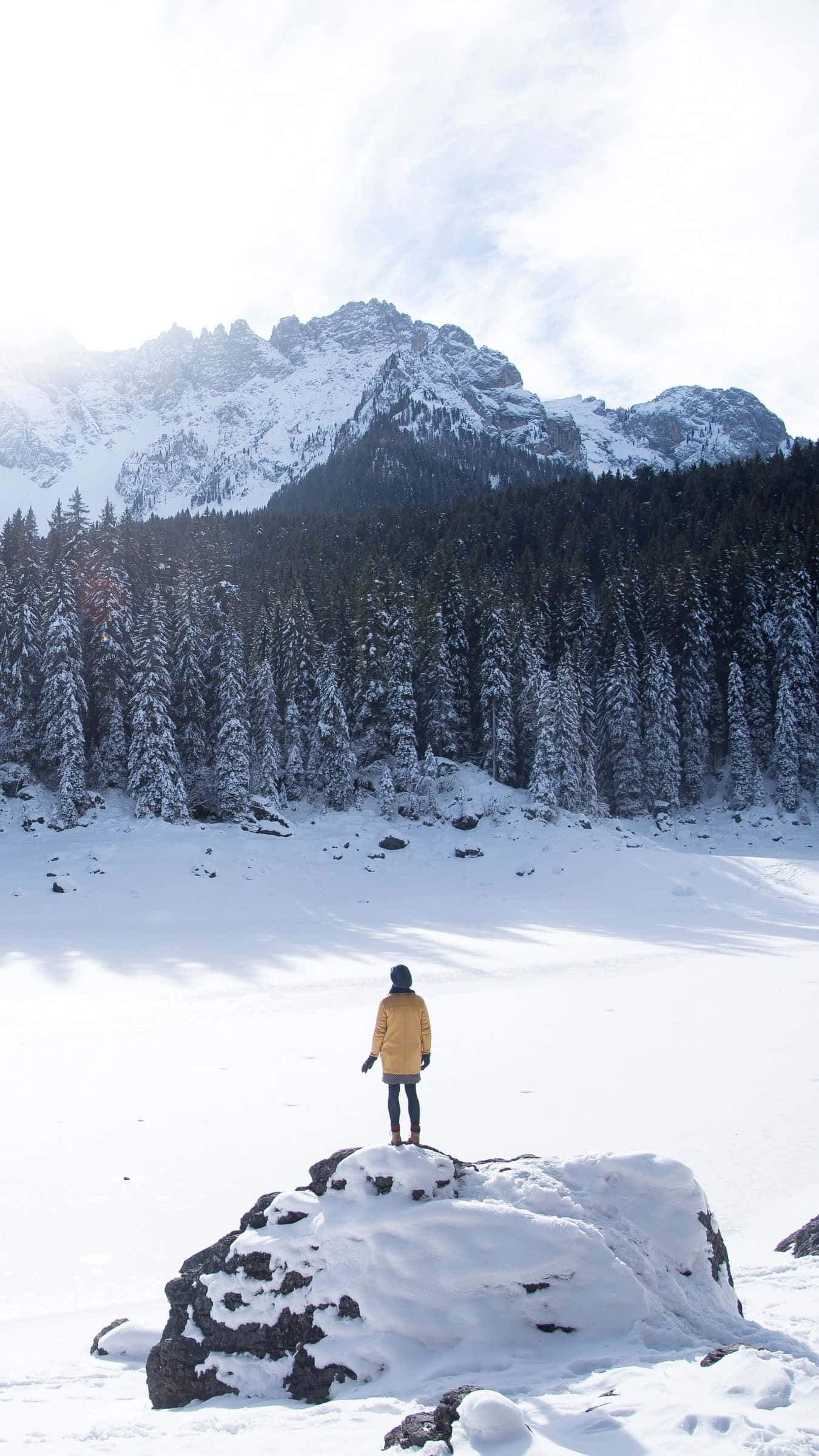 Travel iPhone, yellow coat, snow-covered rock, Full HD Phone Wallpaper