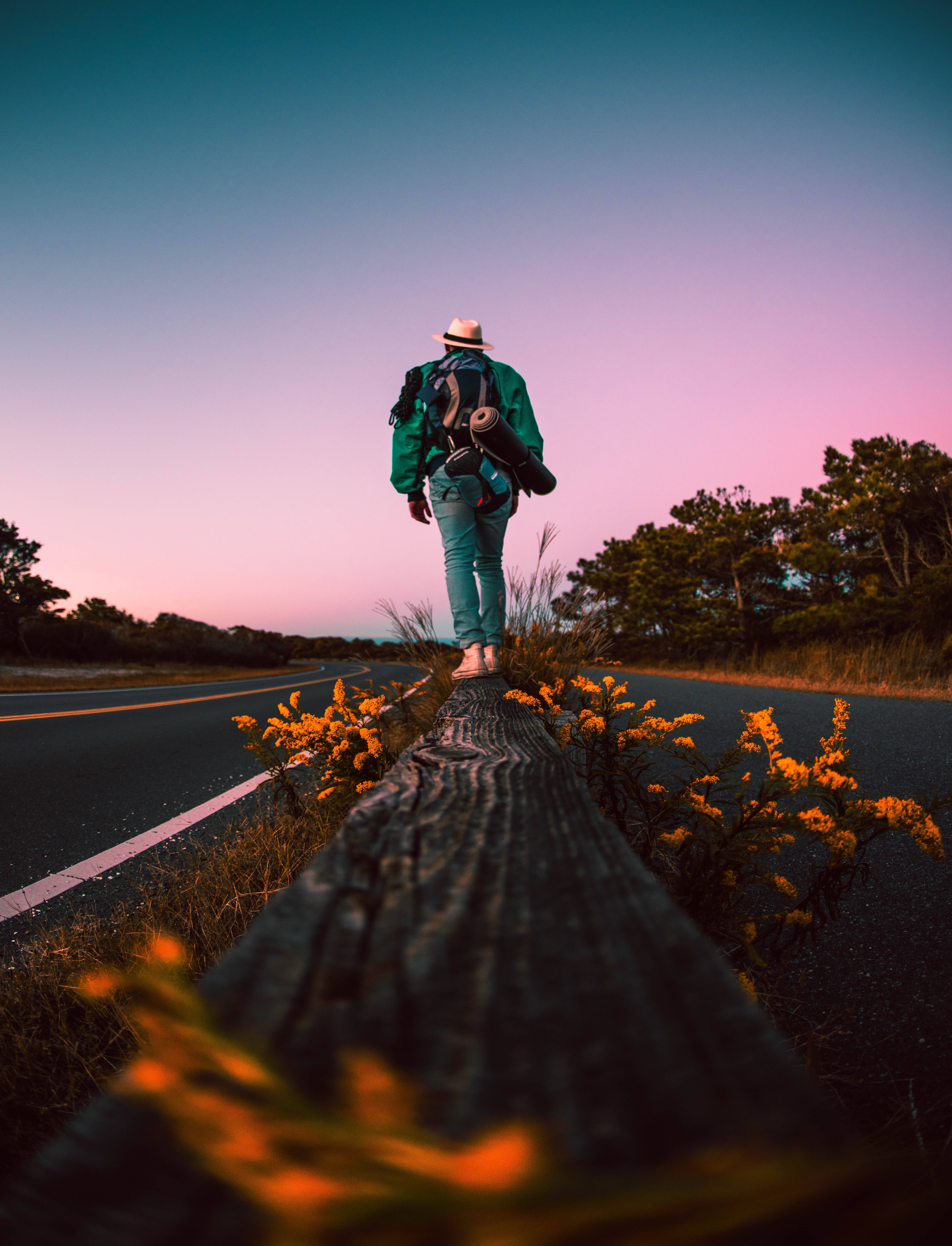 lone traveler, backpack, roadside fence, 5K Phone Wallpaper