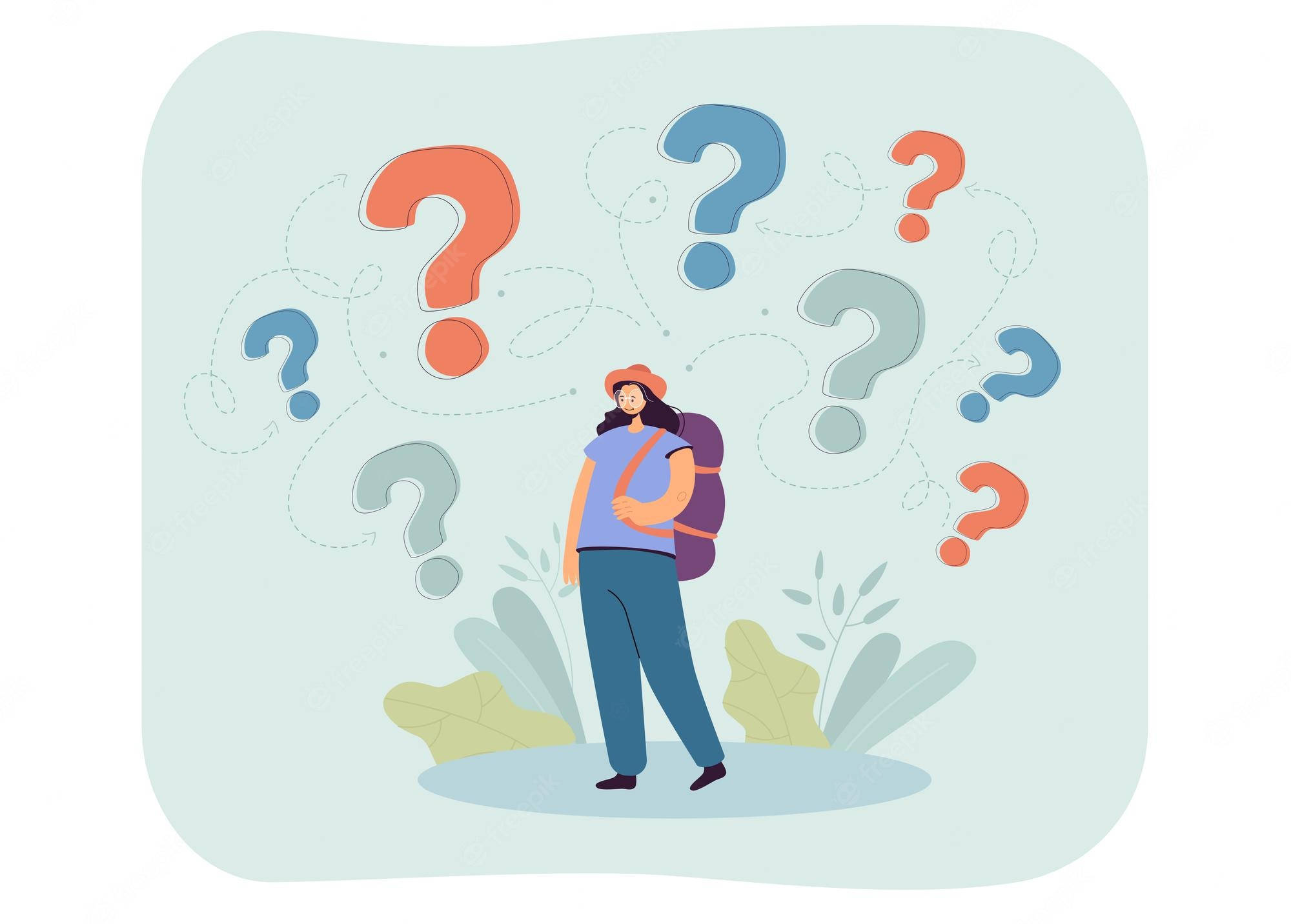 Lost Female Traveler, backpack, floating colorful question marks, Full HD Desktop Wallpaper