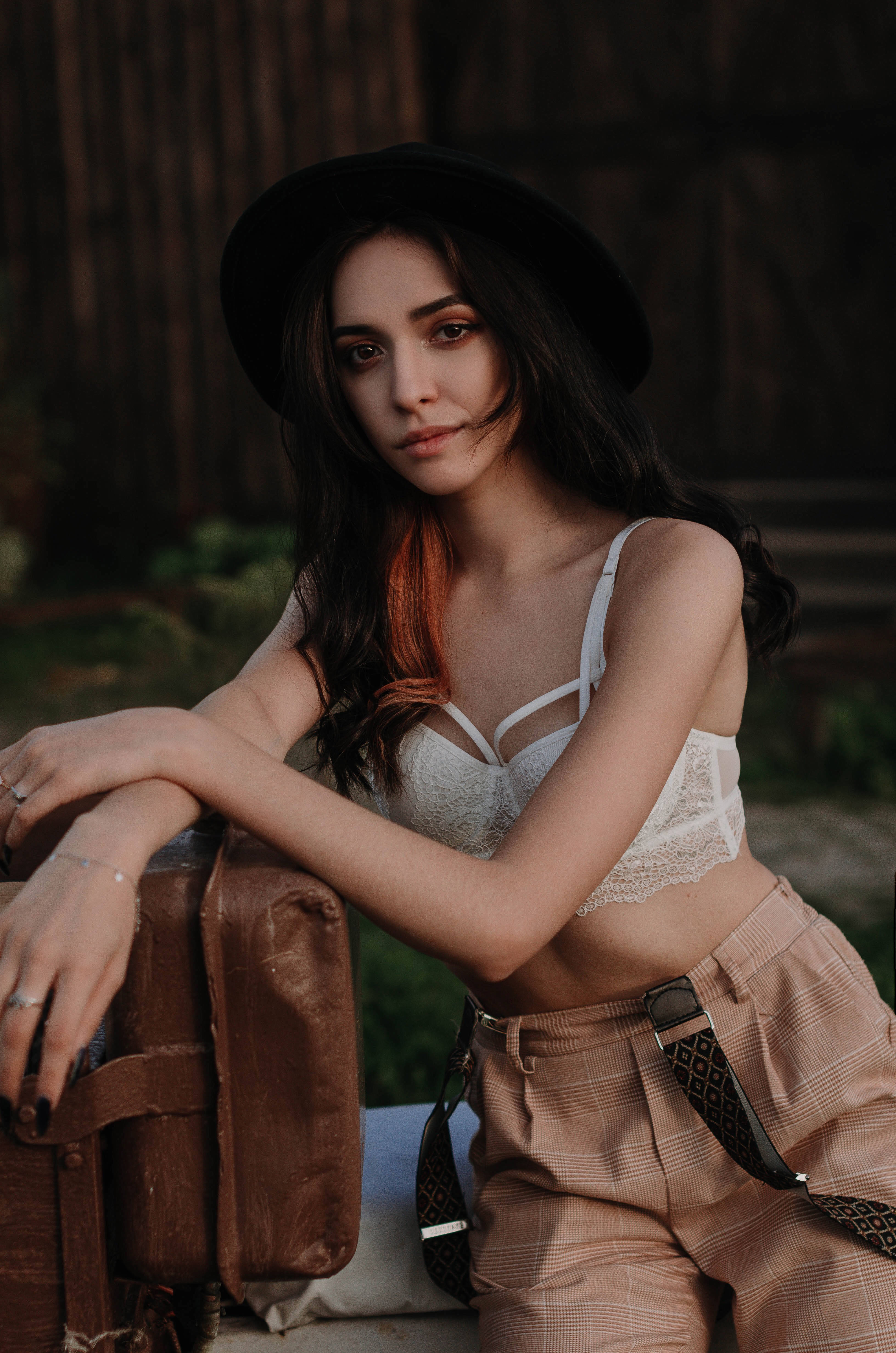 Traveler, black hat, white lace top, 4K Phone Wallpaper