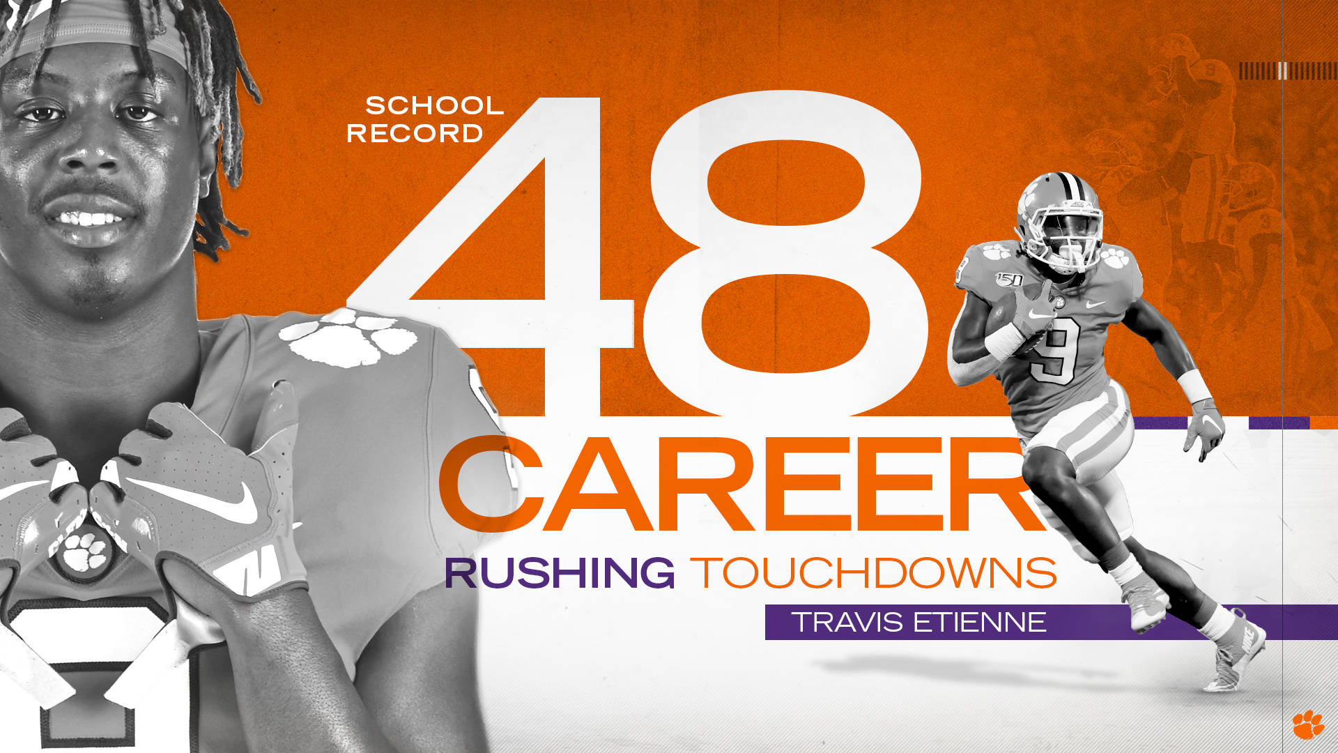 Travis Etienne, 48 career rushing touchdowns, split image, Full HD Desktop Wallpaper