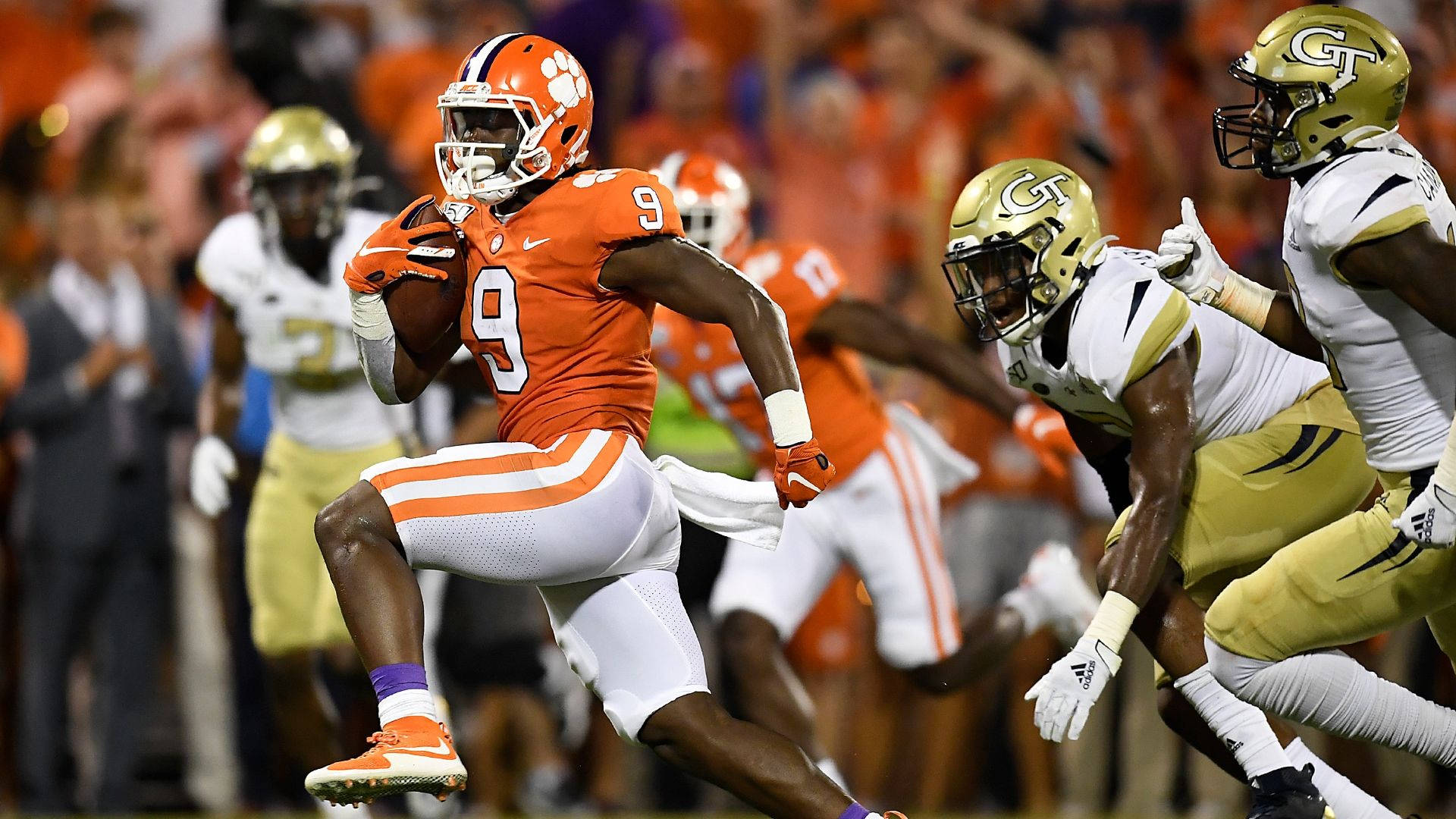 Travis Etienne, Clemson football player, orange jersey number 9, Full HD Desktop Wallpaper