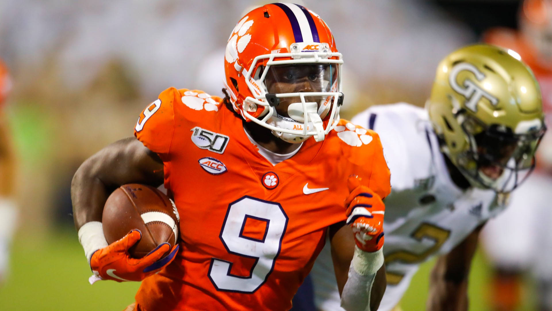 Travis Etienne, Clemson football player, orange gear, Full HD Desktop Wallpaper