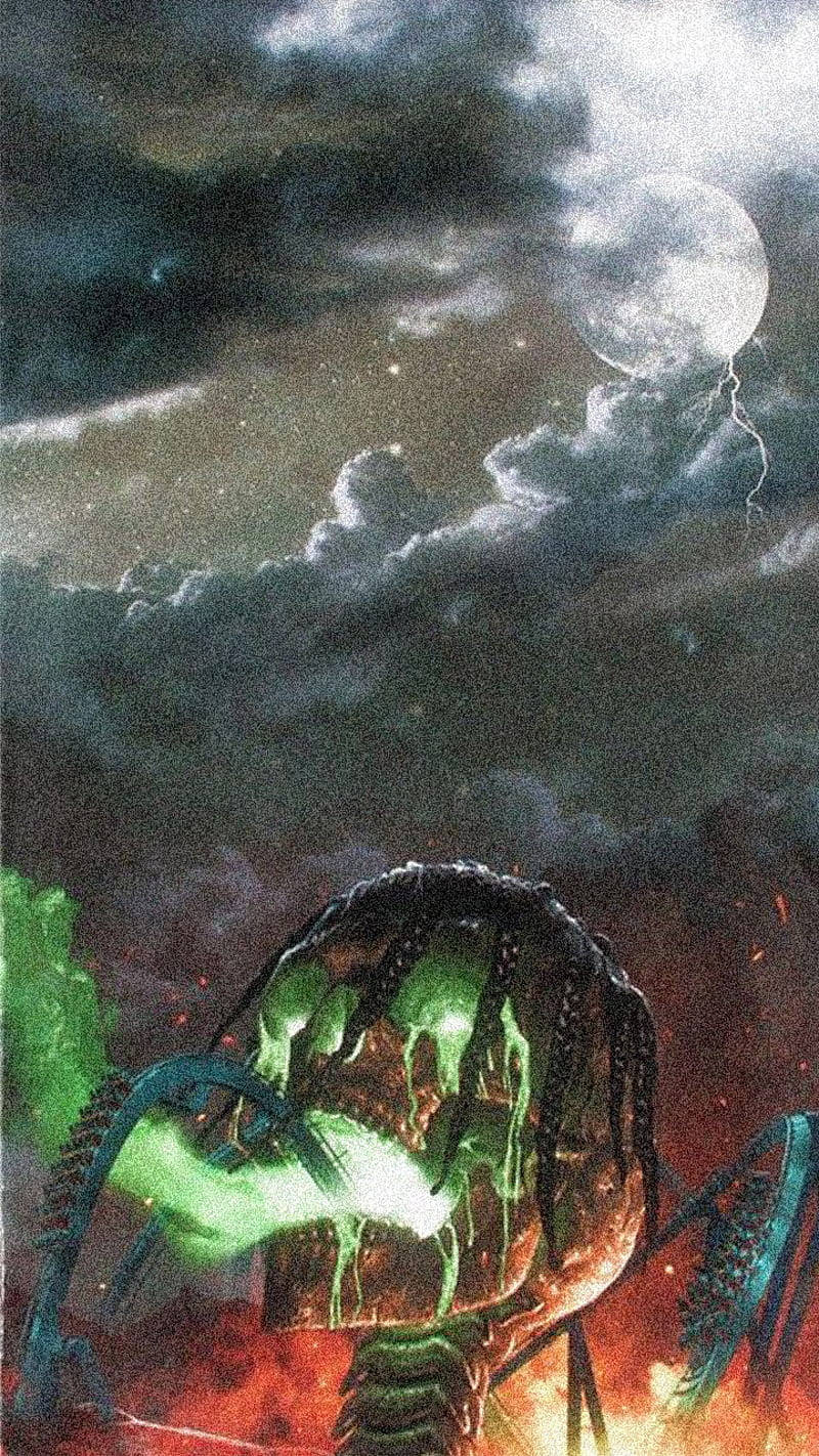 Travis Scott Aesthetic, glowing green slime, fiery ground, HD Phone Wallpaper