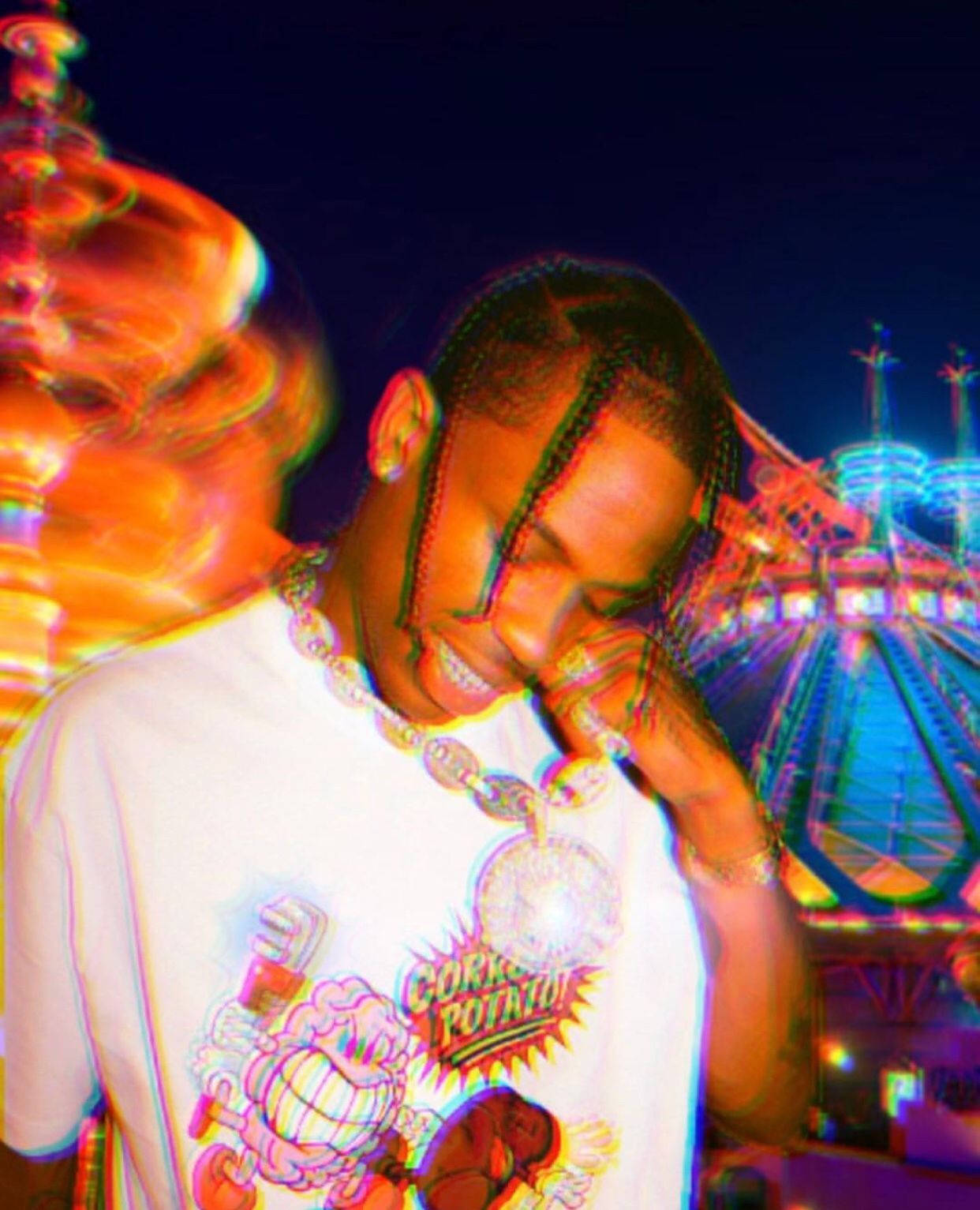 Travis Scott Aesthetic, neon-lit amusement park, night, HD Phone Wallpaper