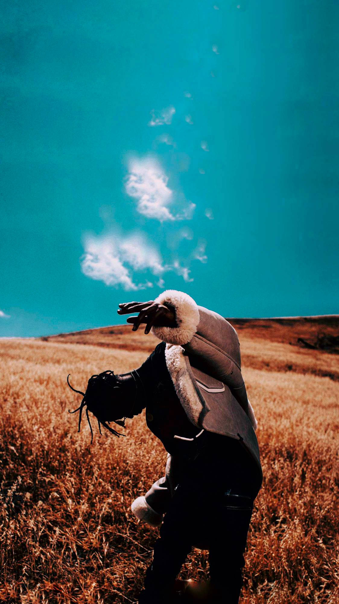 Travis Scott style, golden field, vivid teal sky, Full HD Phone Wallpaper