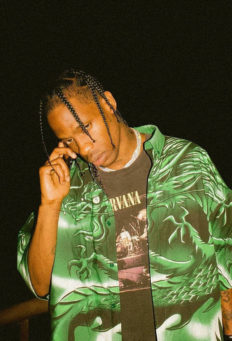 Travis Scott Aesthetic, green dragon-print shirt, braided hair, SD Phone Wallpaper