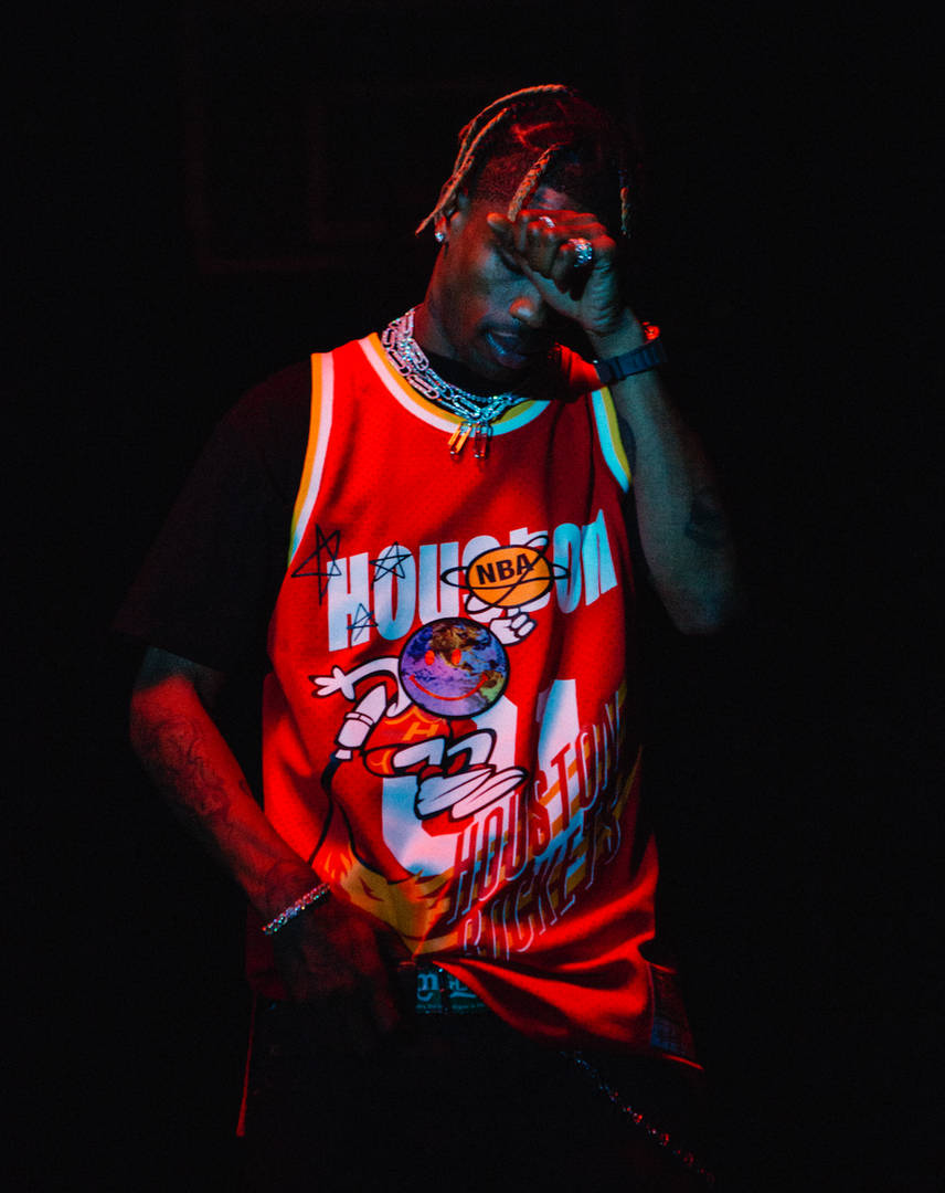 Travis Scott Aesthetic, red Houston Rockets jersey, glowing red lighting, SD Phone Wallpaper