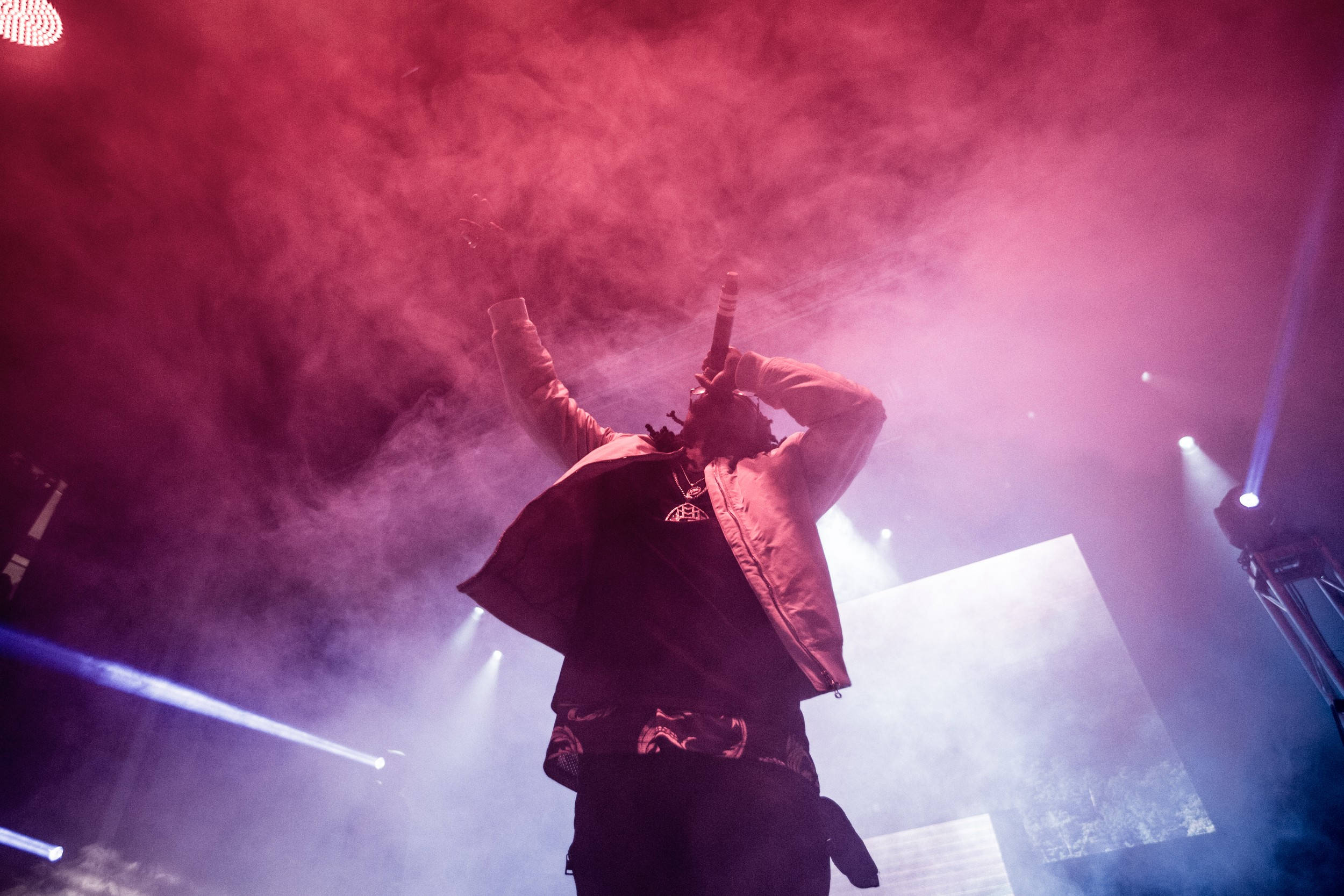 Travis Scott, red and blue lights, smoke, Full HD Desktop Wallpaper