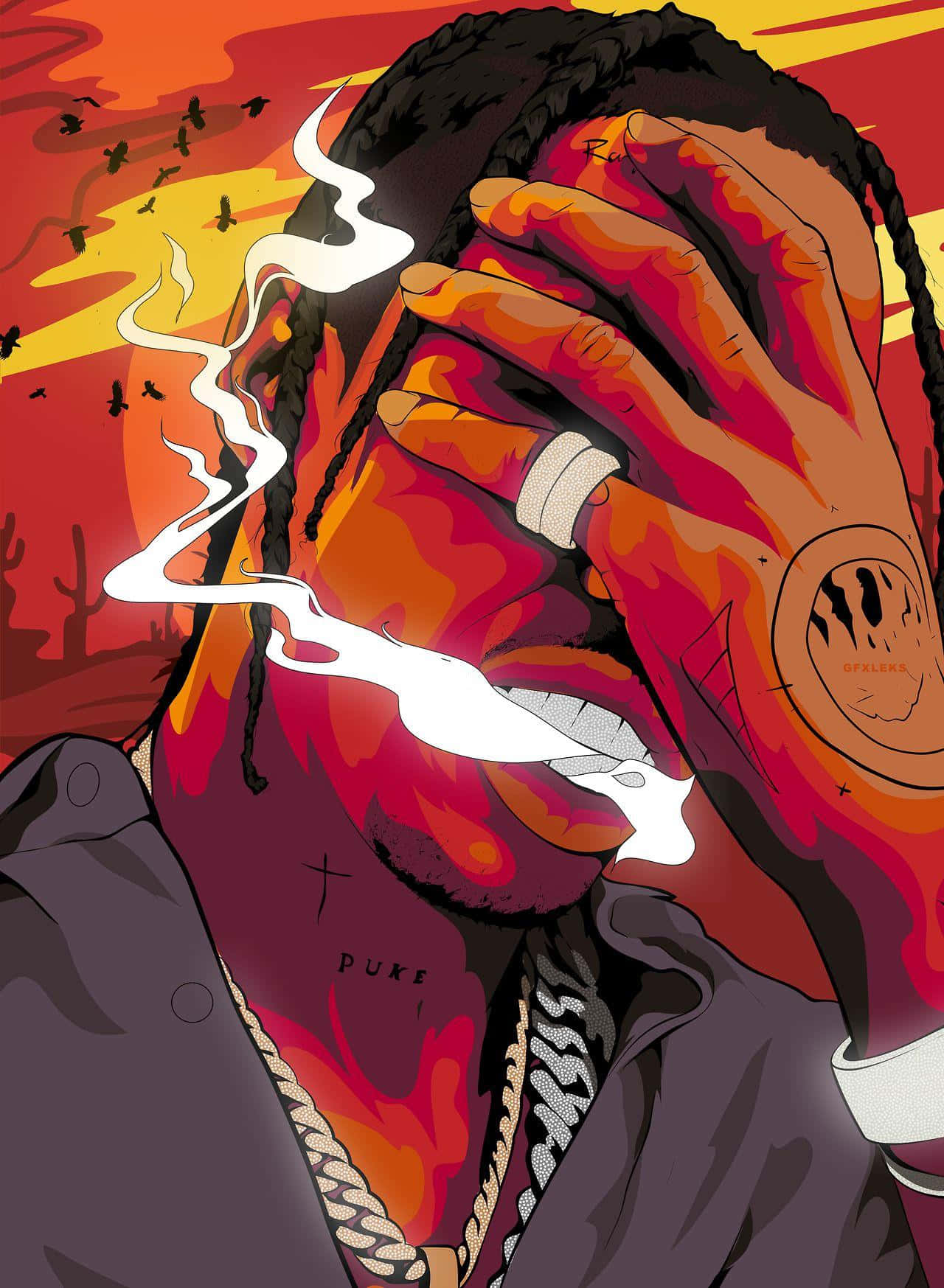 Travis Scott, cartoon, fiery sunset, HD Phone Wallpaper