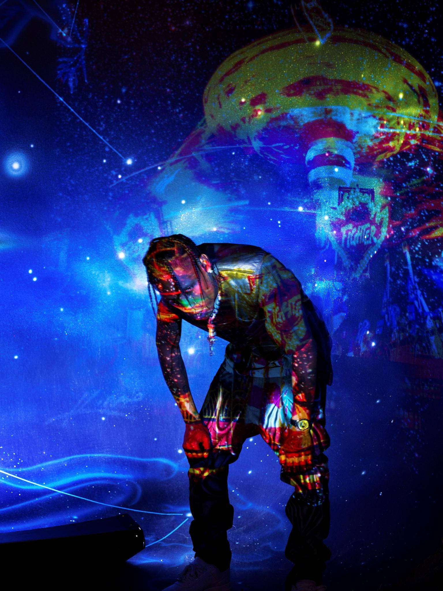 Travis Scott Astroworld, cosmic projections, starry blue stage, Full HD Phone Wallpaper