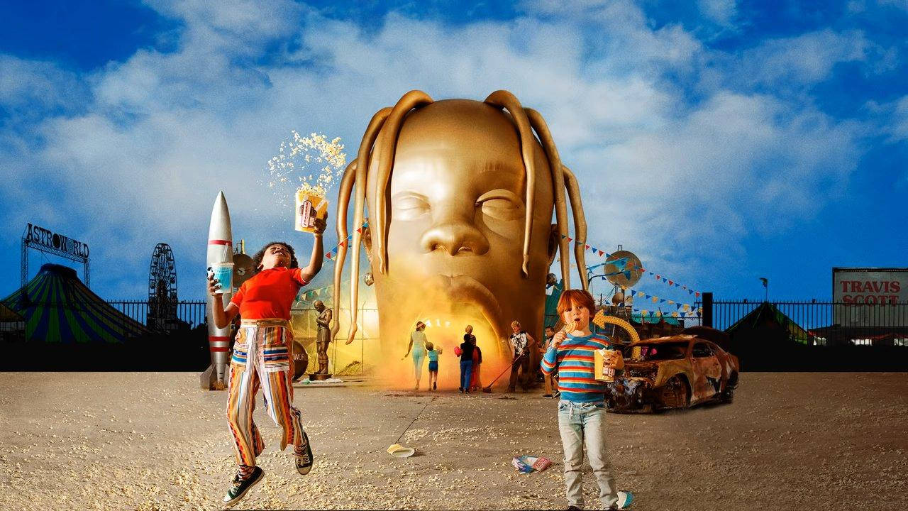 Travis Scott Astroworld, desert theme park, giant golden baby head with dreadlocks, HD Desktop Wallpaper