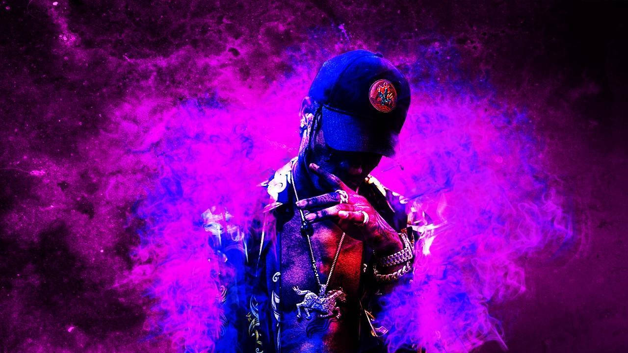 Travis Scott Astroworld, neon purple smoke, blue cap, HD Desktop Wallpaper
