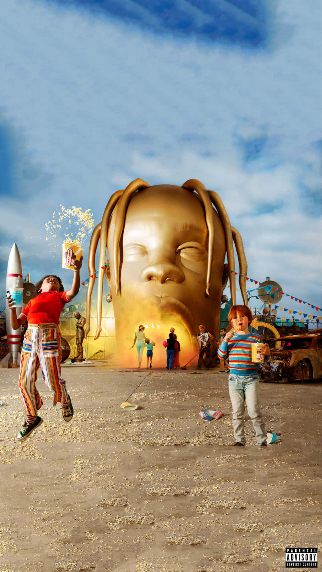 Astroworld, golden head sculpture, popcorn, Full HD Phone Wallpaper