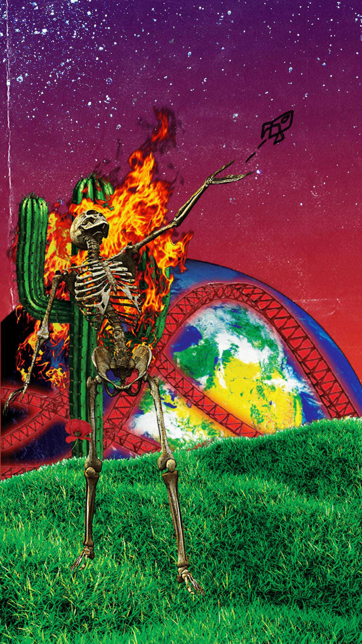 Astroworld, flaming skeleton, cactus, Full HD Phone Wallpaper
