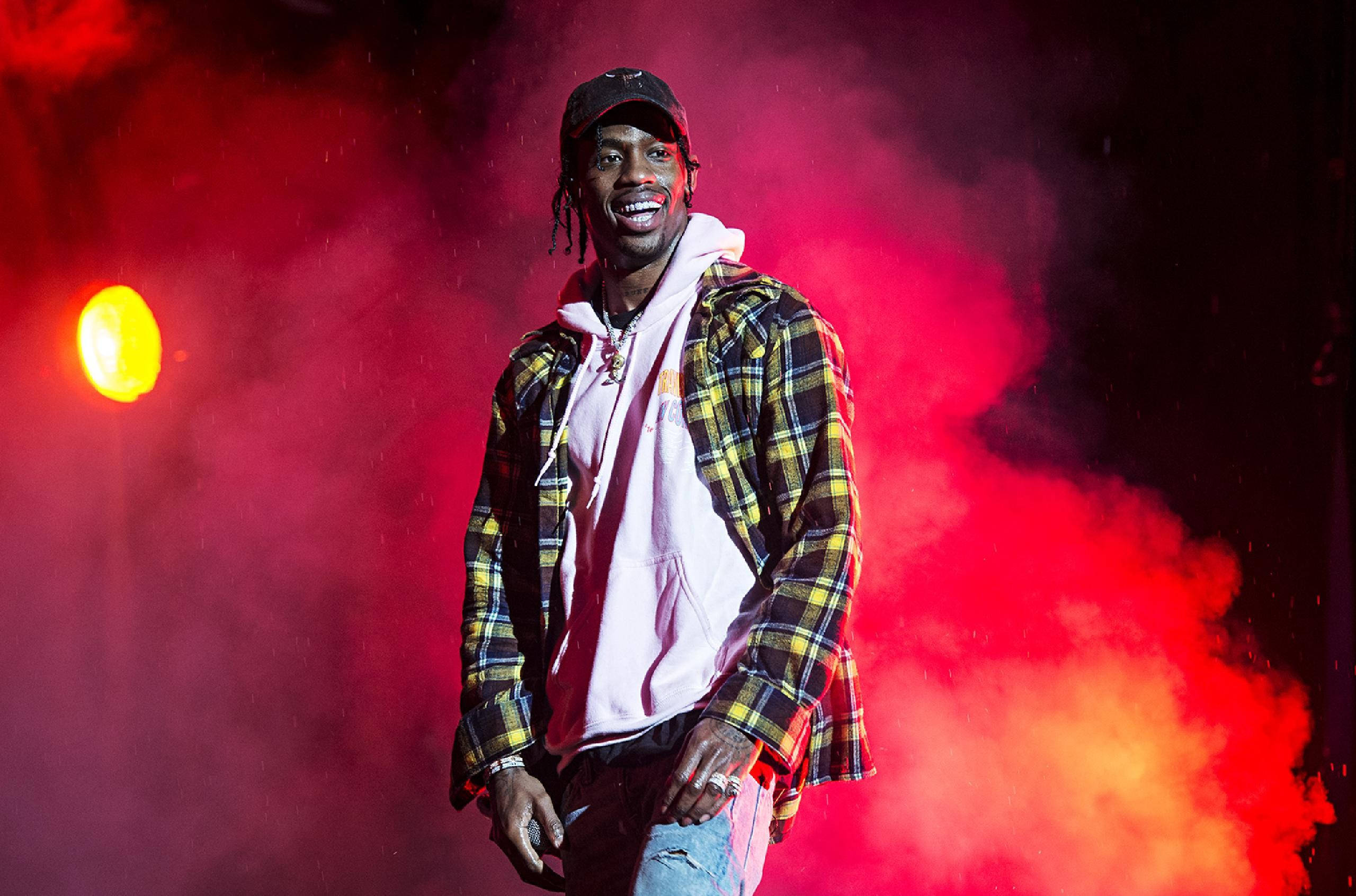 Travis Scott, plaid jacket, cap, 2K Desktop Wallpaper