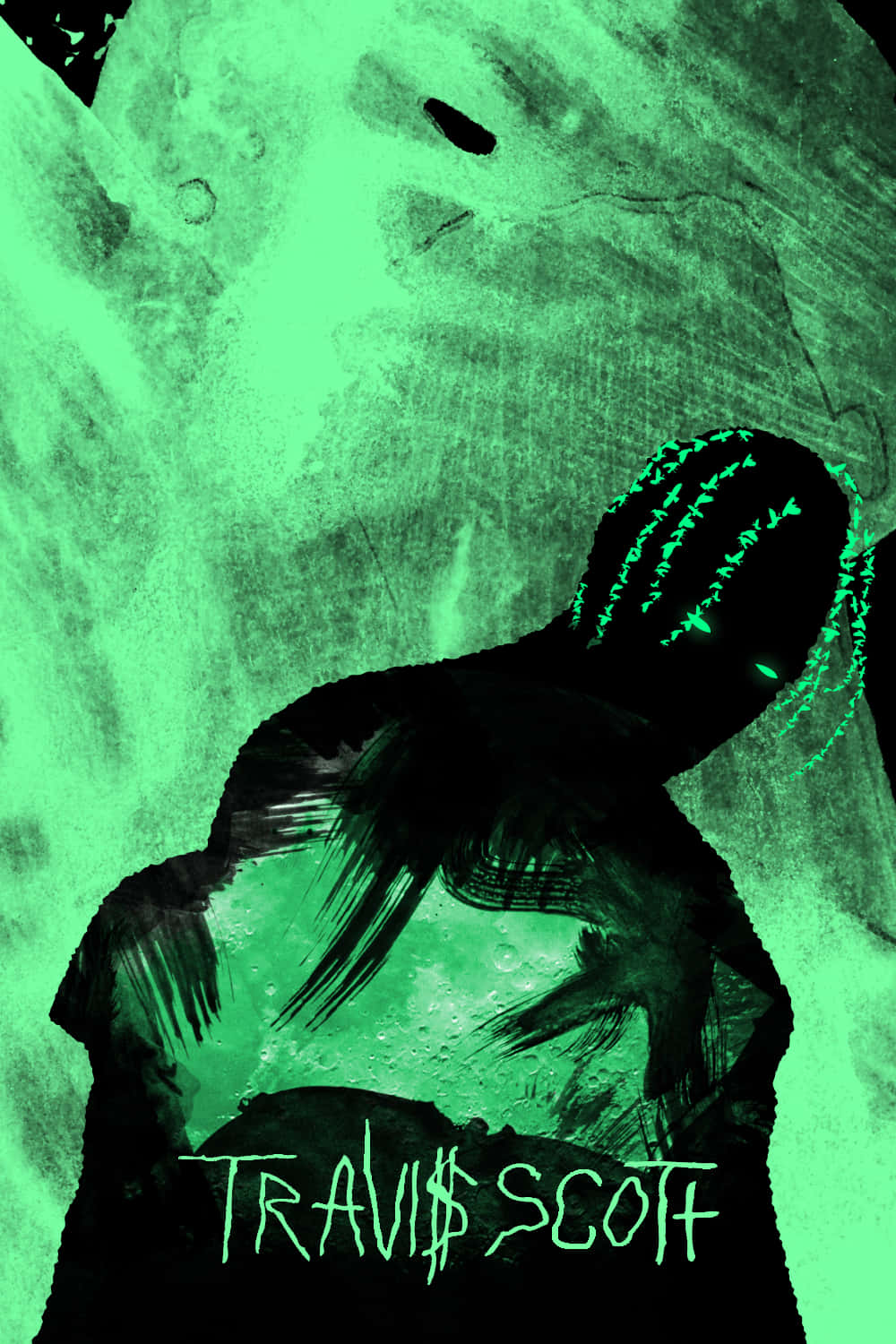 Travis Scott, glowing green dreadlocks, neon green background, HD Phone Wallpaper