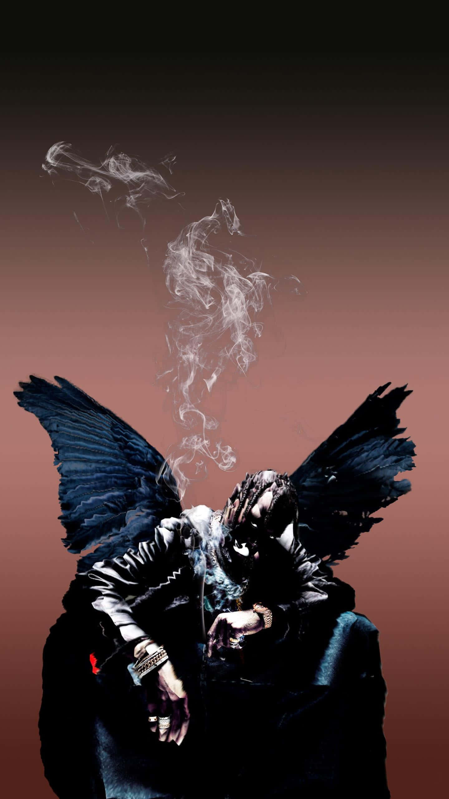Travis Scott Cartoon, dark-winged figure, leather jacket, 2K Phone Wallpaper