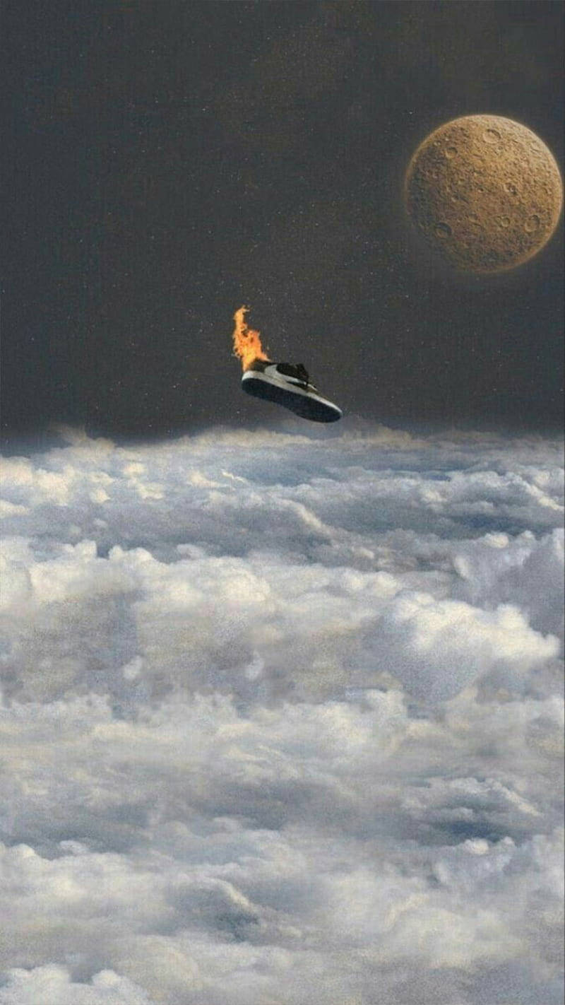 Travis Scott, flaming sneaker, fluffy clouds, HD Phone Wallpaper