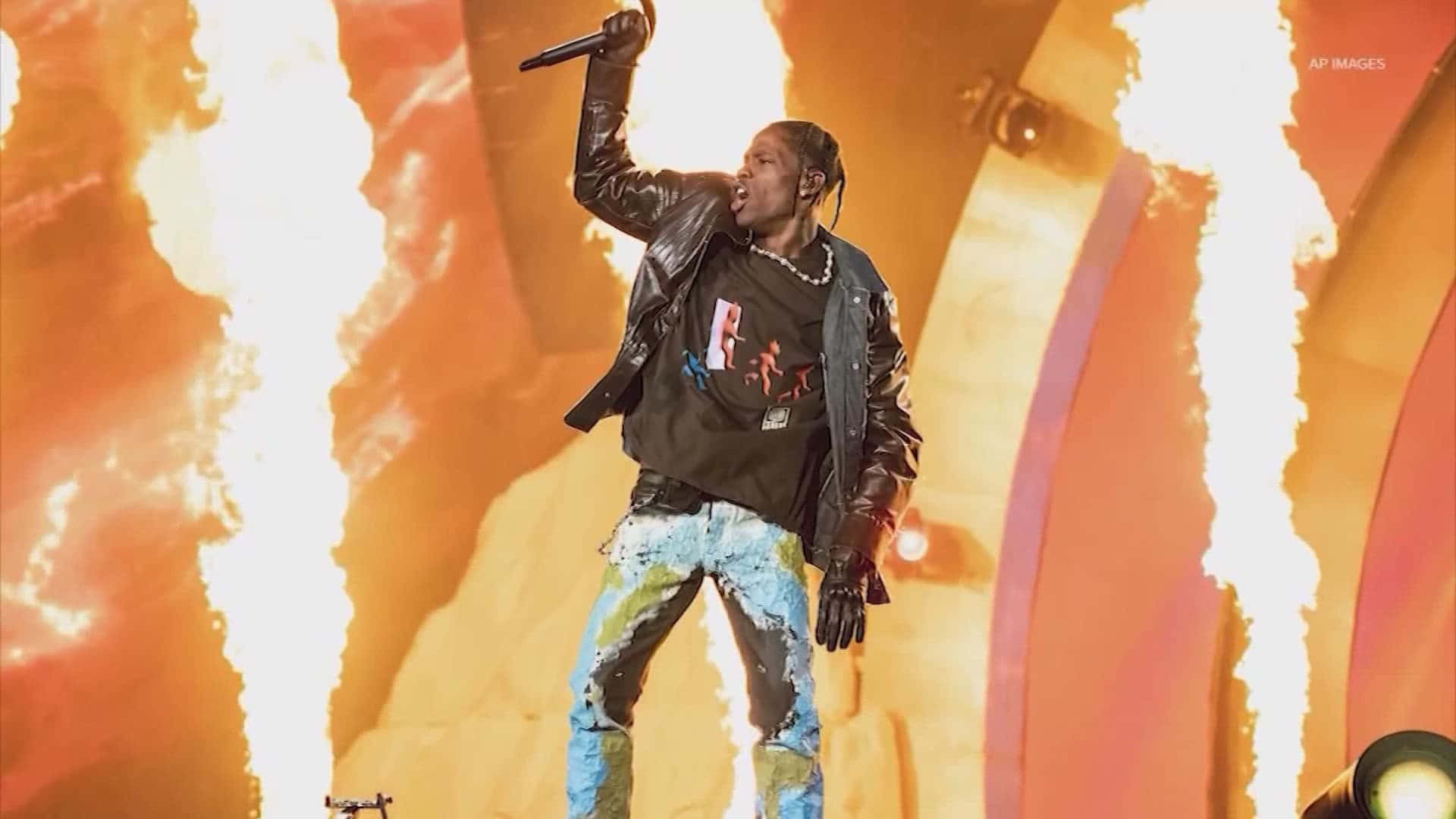 Travis Scott, leather jacket, paint-splattered jeans, Full HD Desktop Wallpaper