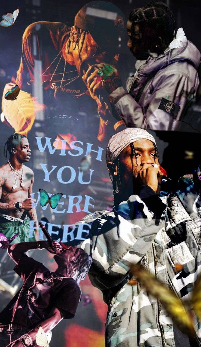 Travis Scott, butterflies, bold text overlay, SD Phone Wallpaper