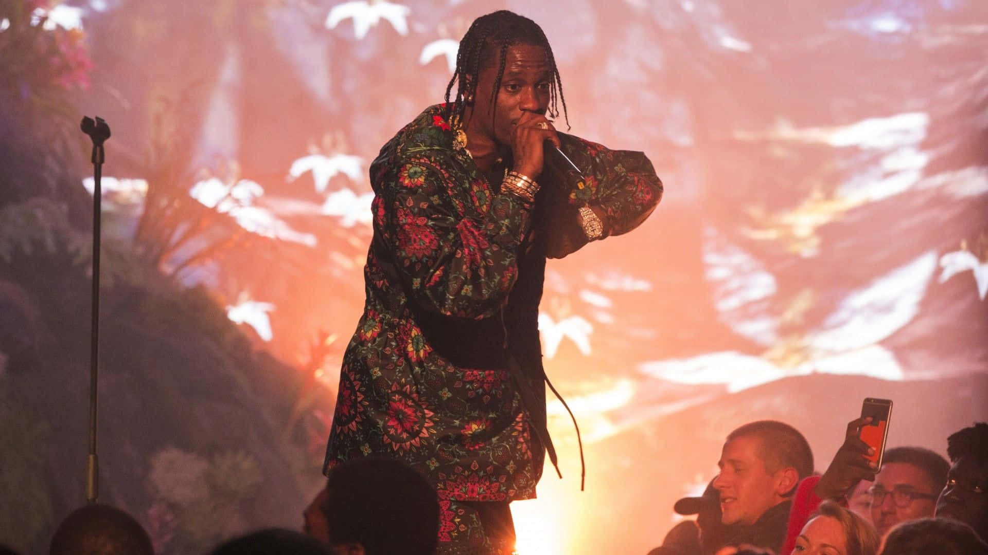 Travis Scott, floral jacket, mic, Full HD Desktop Wallpaper