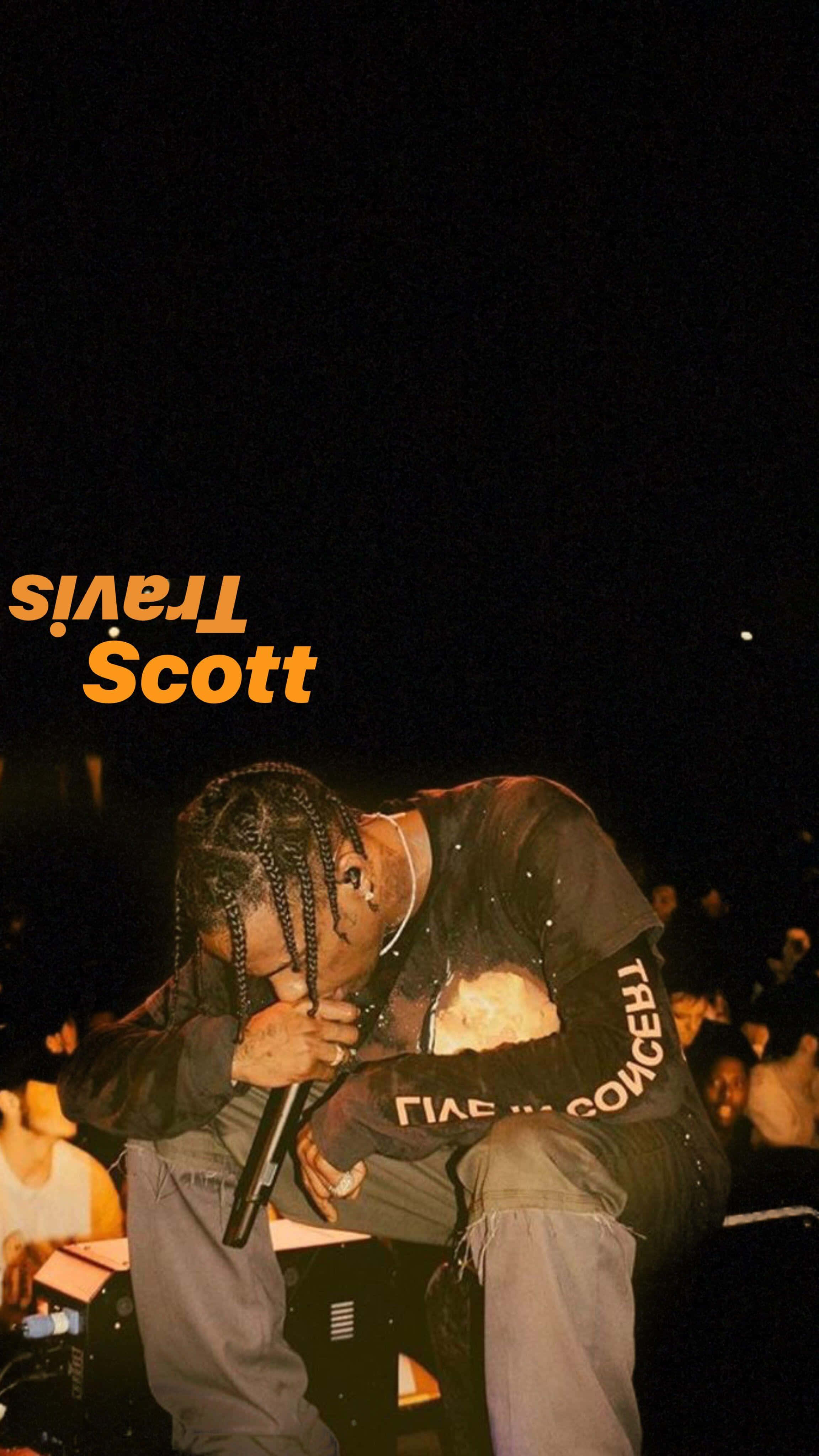 Travis Scott, dark stage, glowing orange text, 4K Phone Wallpaper