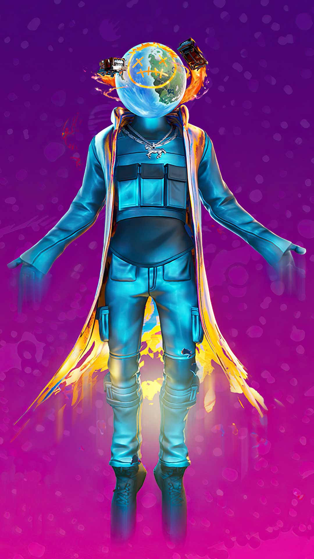 Travis Scott Fortnite, blue trench coat, globe for a head, Full HD Phone Wallpaper