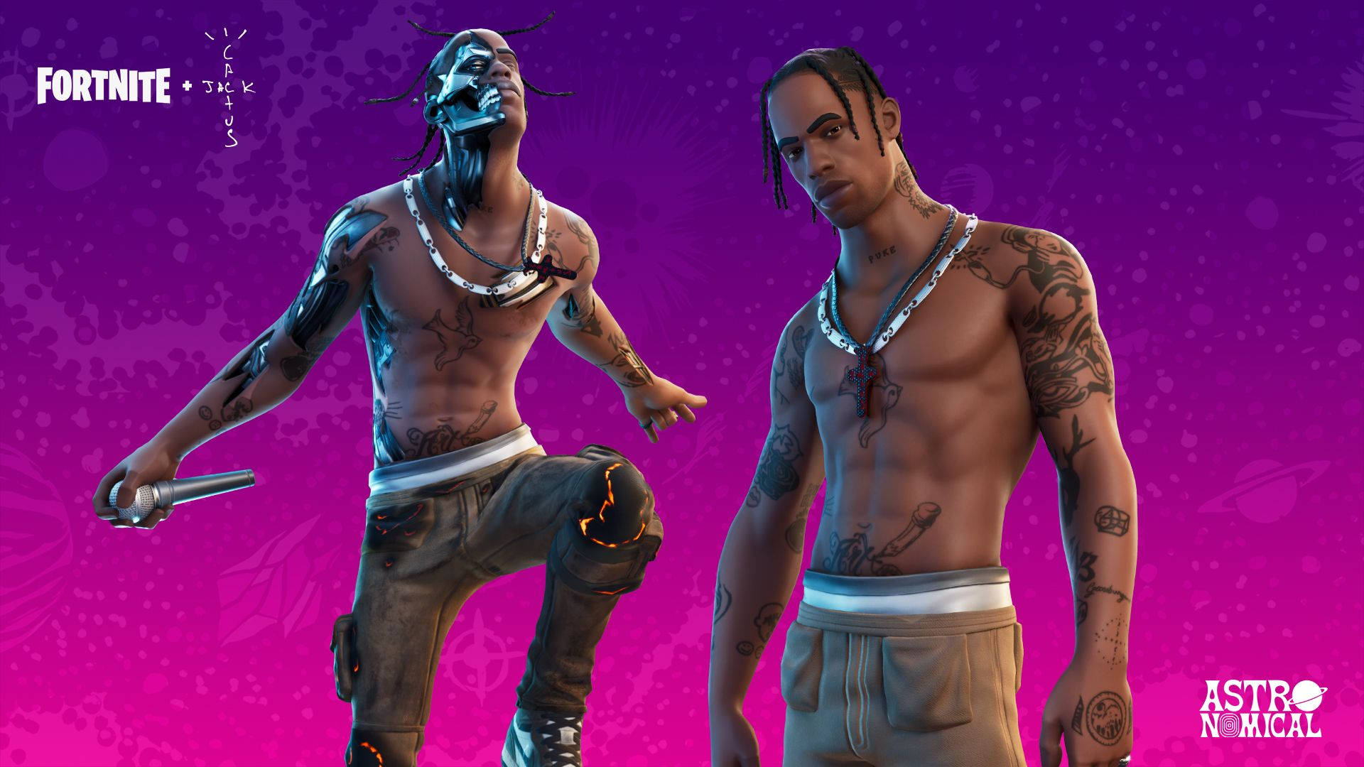 Travis Scott Fortnite, two forms, vibrant purple background, Full HD Desktop Wallpaper