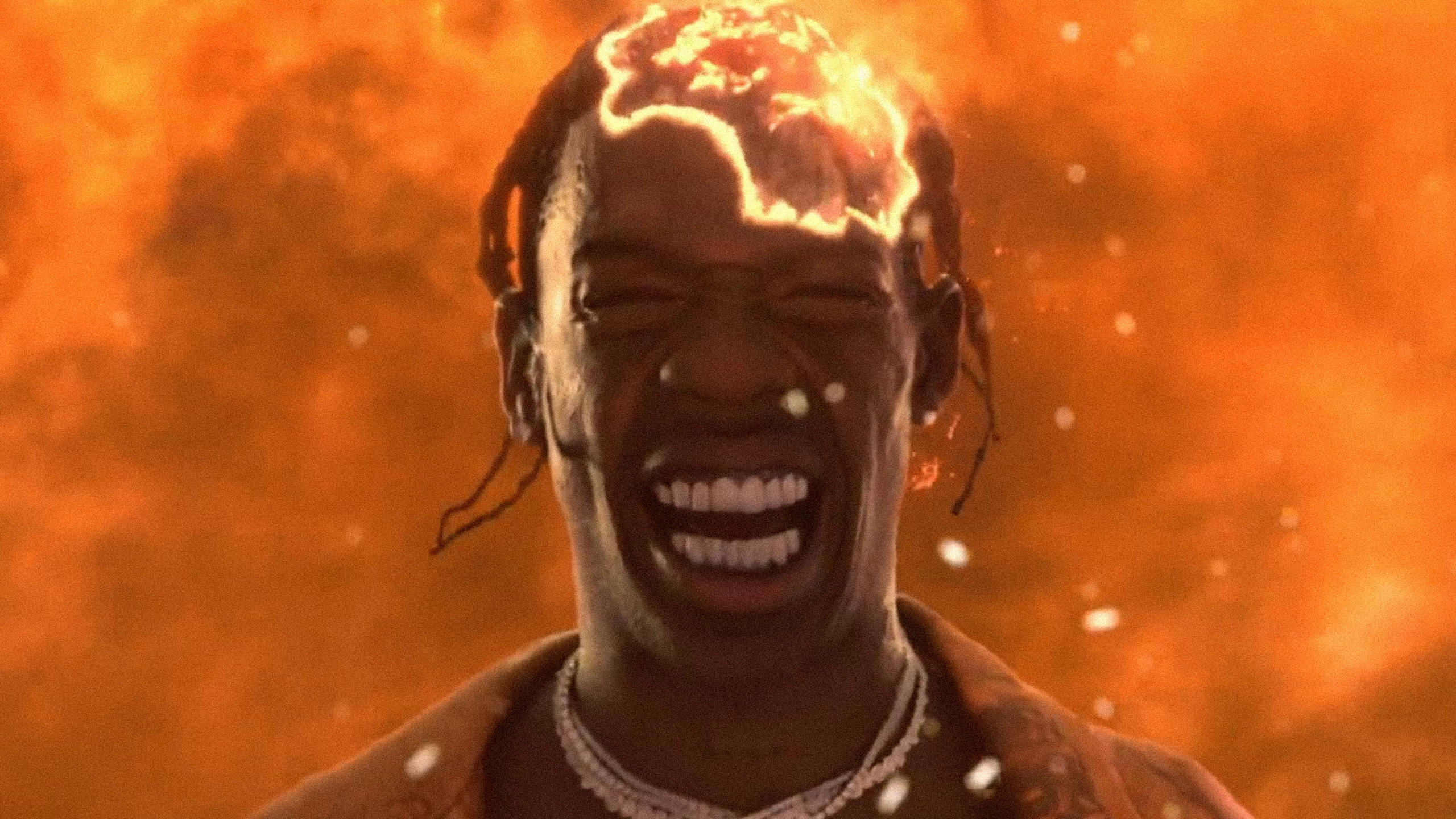 Travis Scott Fortnite, blazing head, fiery lightning, 2K Desktop Wallpaper