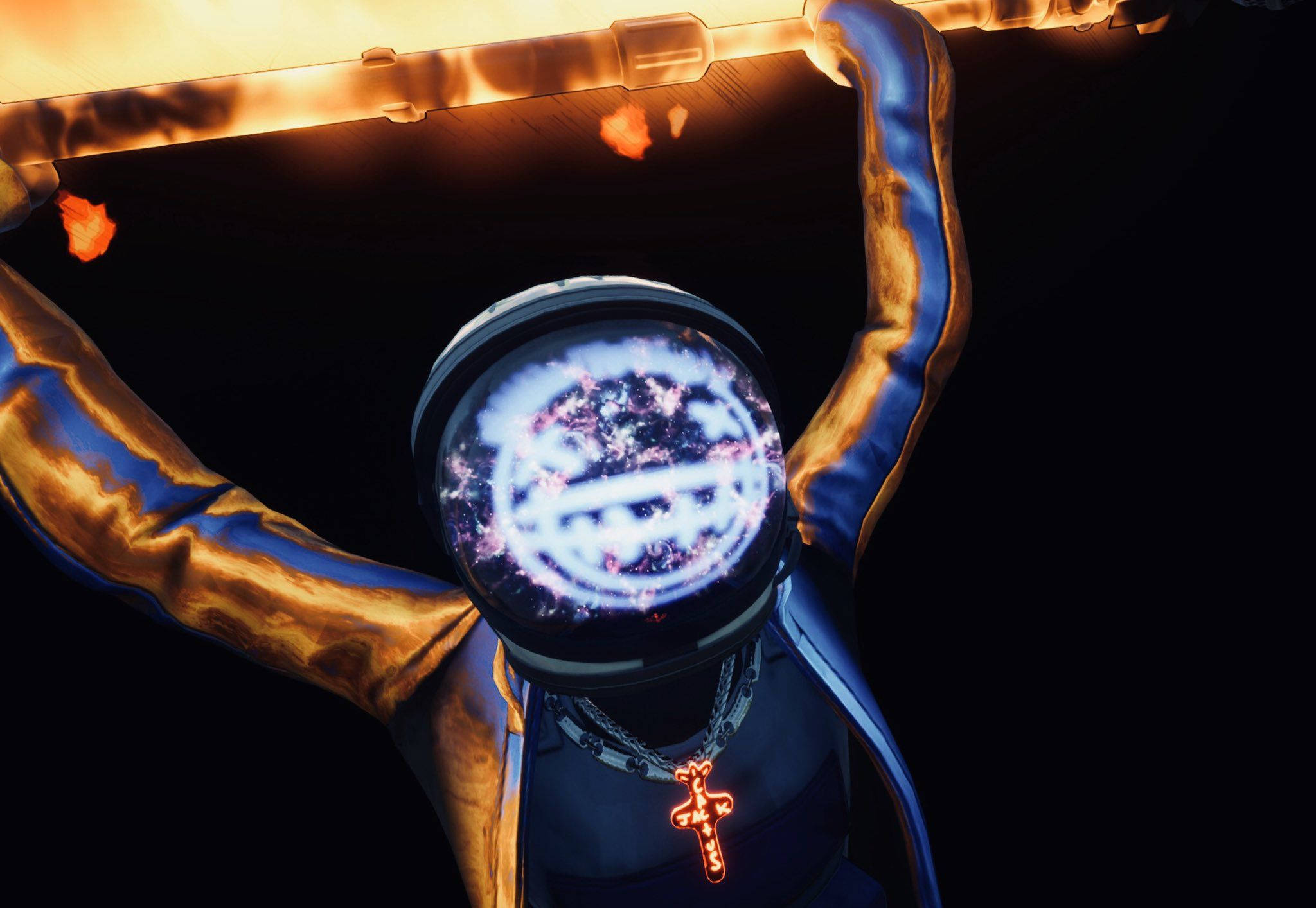 Travis Scott Fortnite, cosmic face design, glowing cross necklace, Full HD Desktop Wallpaper