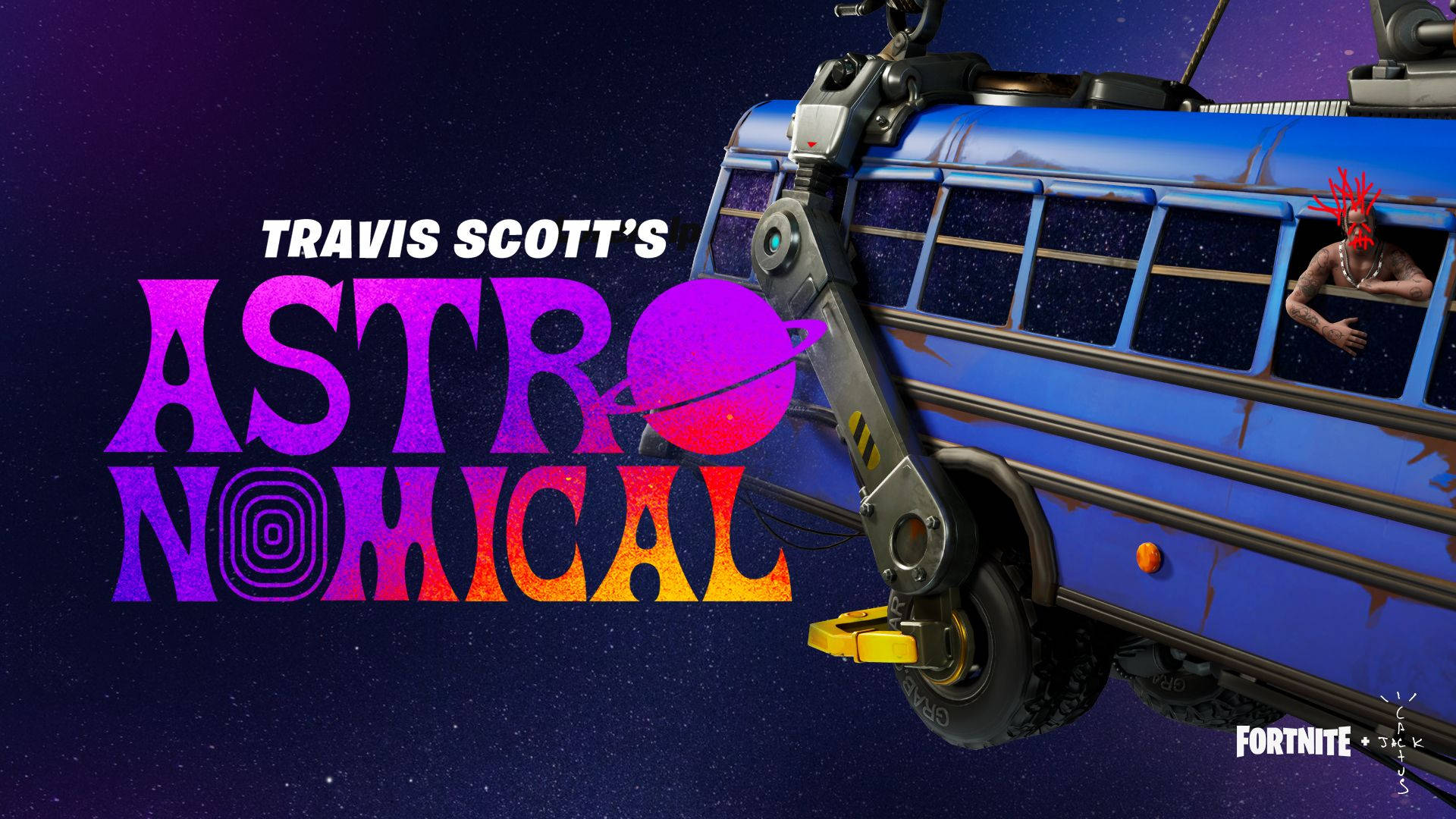 Travis Scott Fortnite, Astronomical, blue school bus, Full HD Desktop Wallpaper