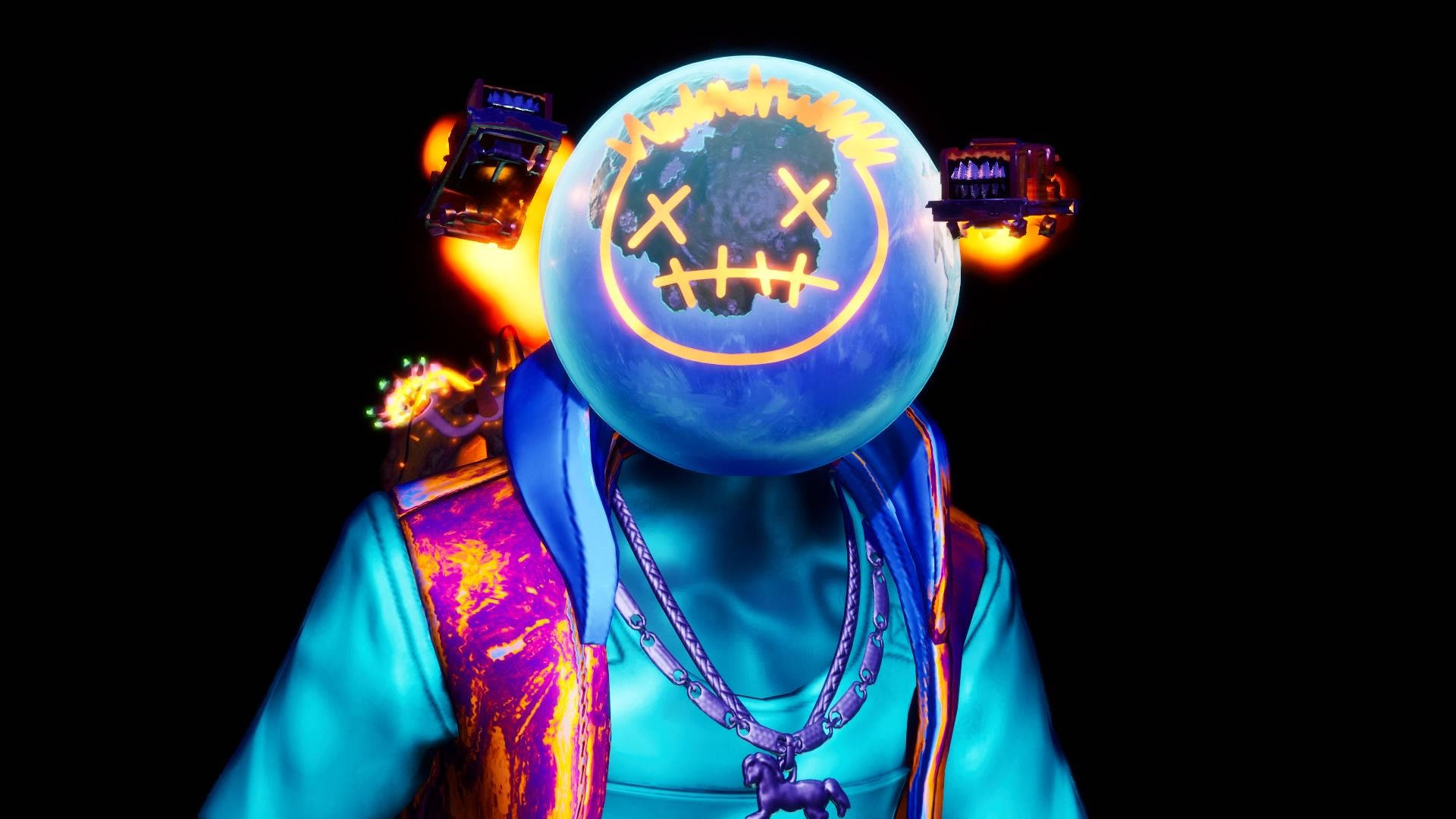 Travis Scott Fortnite, glowing blue planet head, stitched smiley face, Full HD Desktop Wallpaper