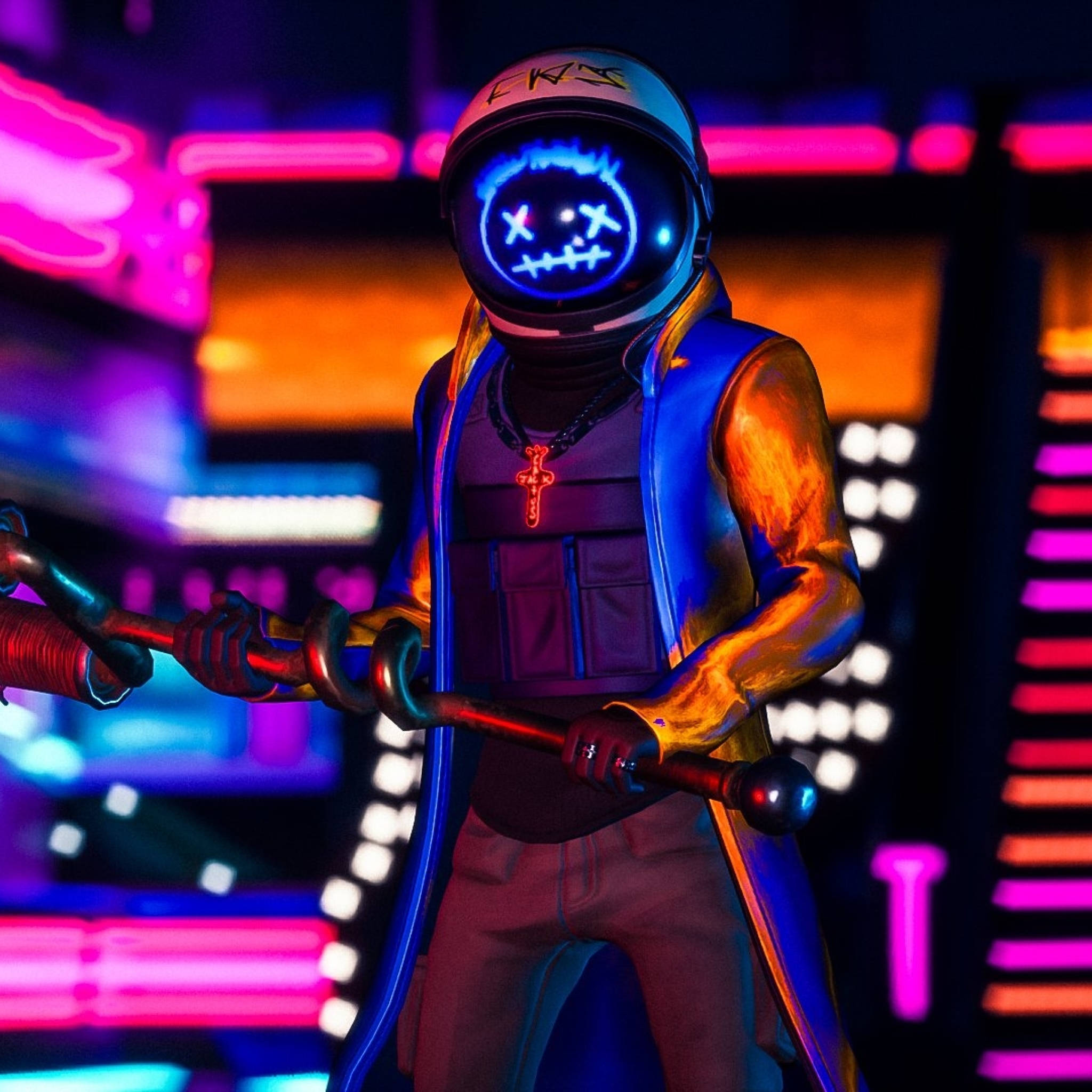 Travis Scott Fortnite, reflective orange suit, neon-drenched cyberpunk, Full HD Desktop Wallpaper