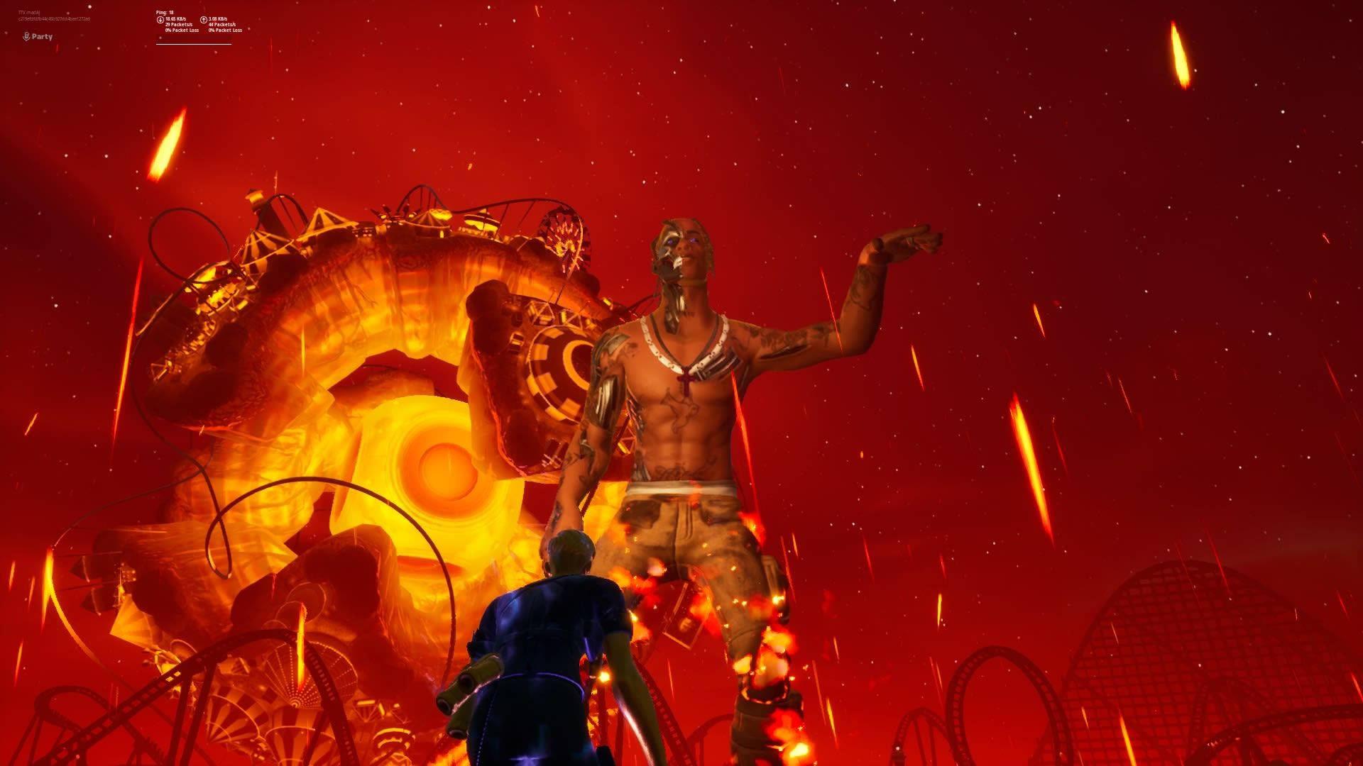 Travis Scott Fortnite, towering character, glowing fiery portal, Full HD Desktop Wallpaper