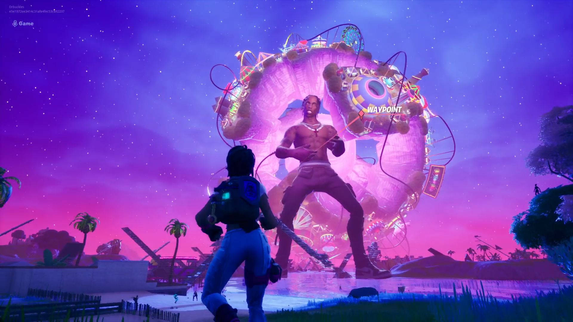 Travis Scott Fortnite, giant glowing pink alien creature, vibrant purple sunset, Full HD Desktop Wallpaper