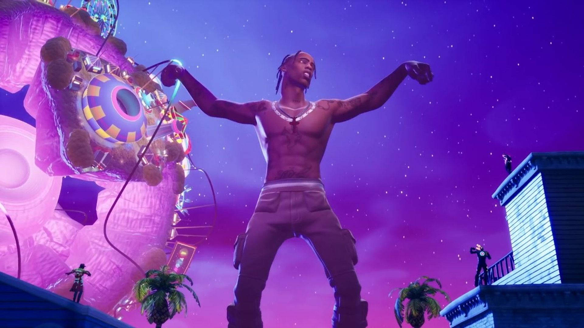Travis Scott, Fortnite, giant glowing teddy bear, Full HD Desktop Wallpaper